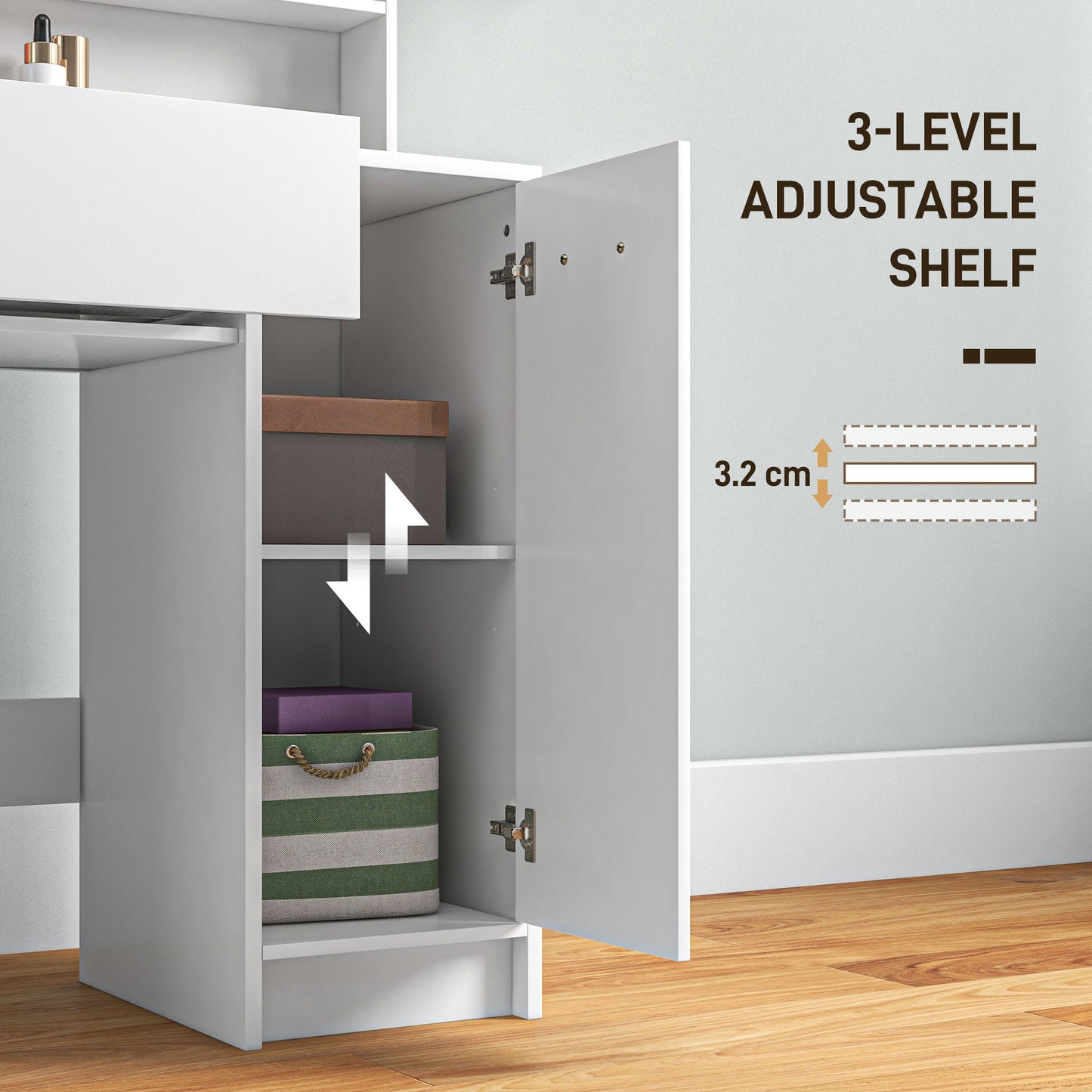 HOMCOM Dressing Table Set with Mirror, Stool, Drawer, Storage Cabinet, Adjustable Shelf, White