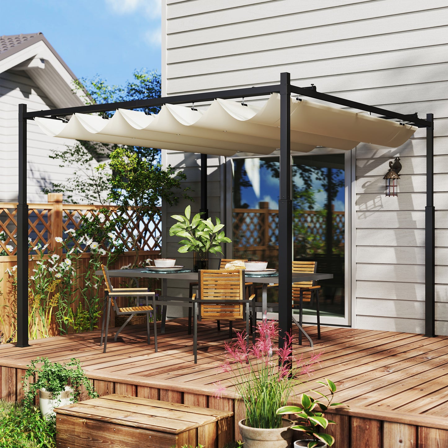 Outsunny 3x3m Garden Pergola with Retractable Roof, Sun Shade Canopy, Cream White