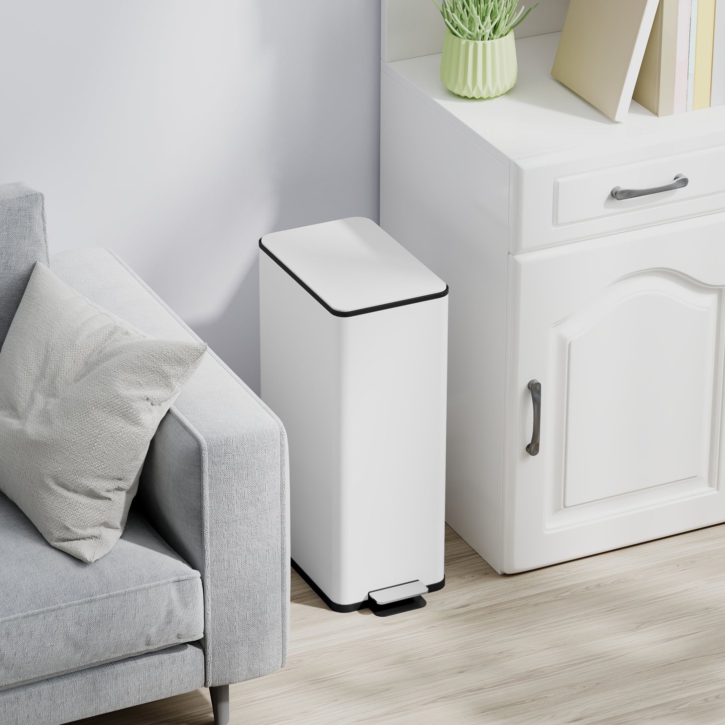 HOMCOM 20L Kitchen Pedal Bin, Slim Stainless Steel Rubbish Bin, Removable Inner Bucket, Soft-Close and Stay-Open Lid, White