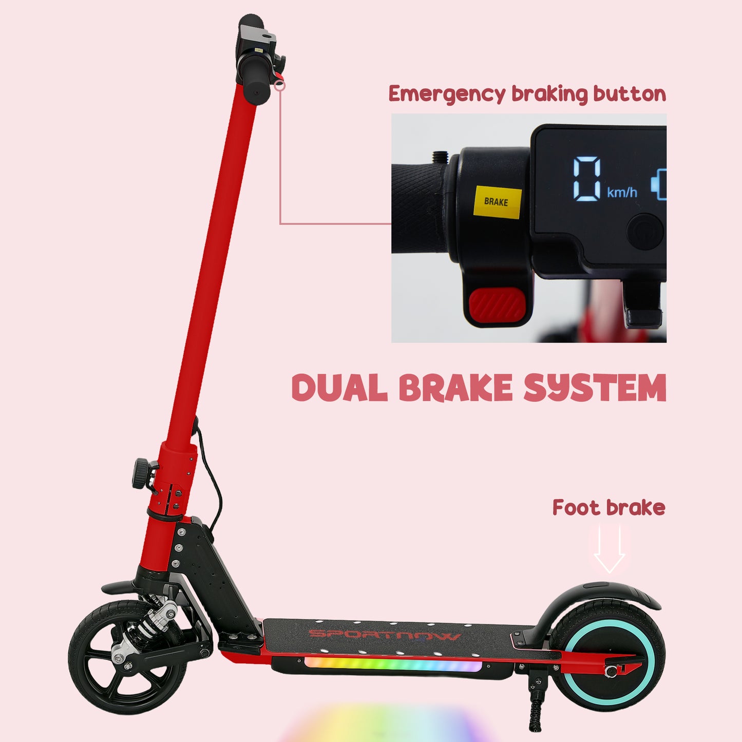 SPORTNOW Folding Electric Scooter for Kids 6-14, Dual Brakes, LED Lights, 6.8kg, 14 KM/H, Red