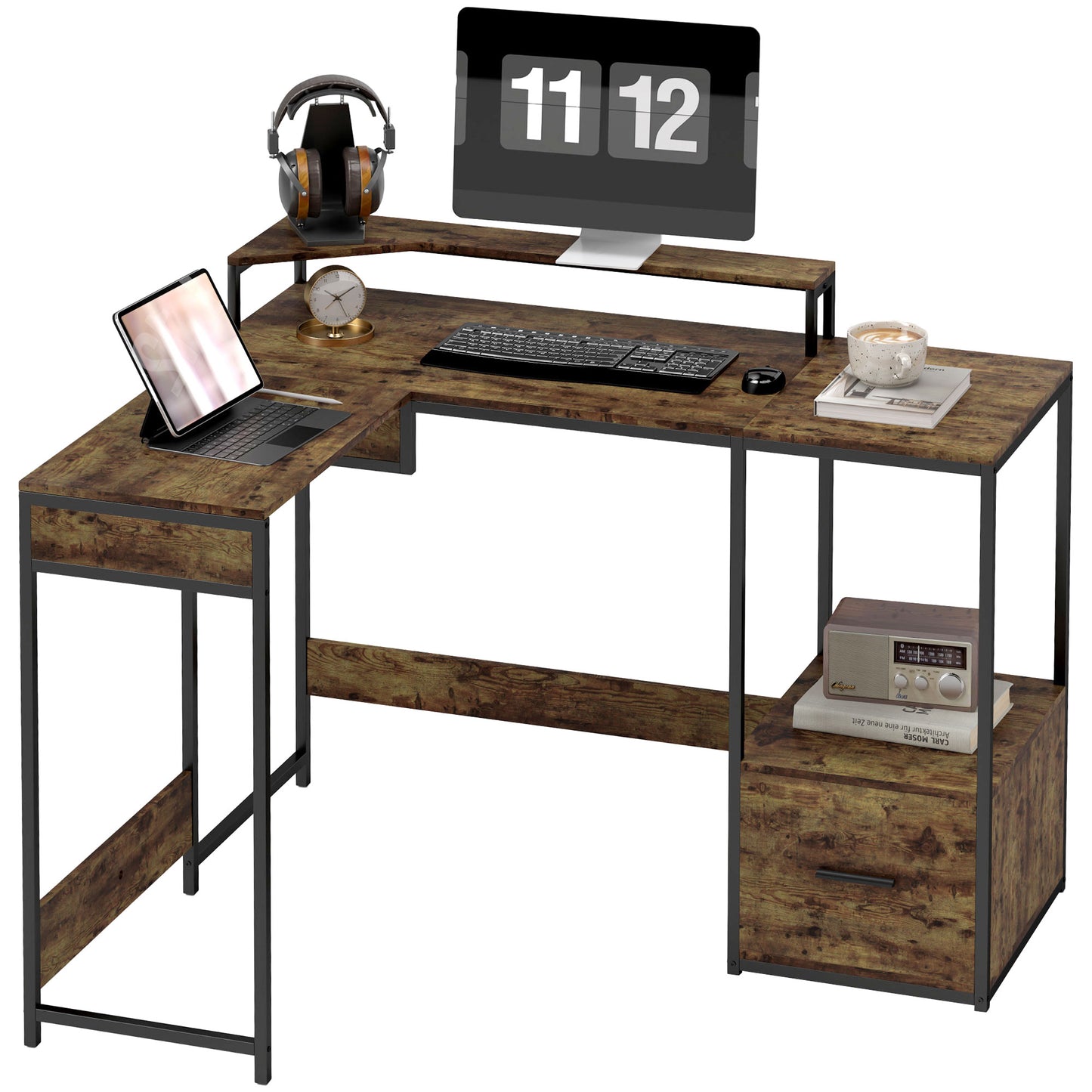 HOMCOM L Shaped Desk, Computer Desk with Liftable Desktop, Rustic Brown