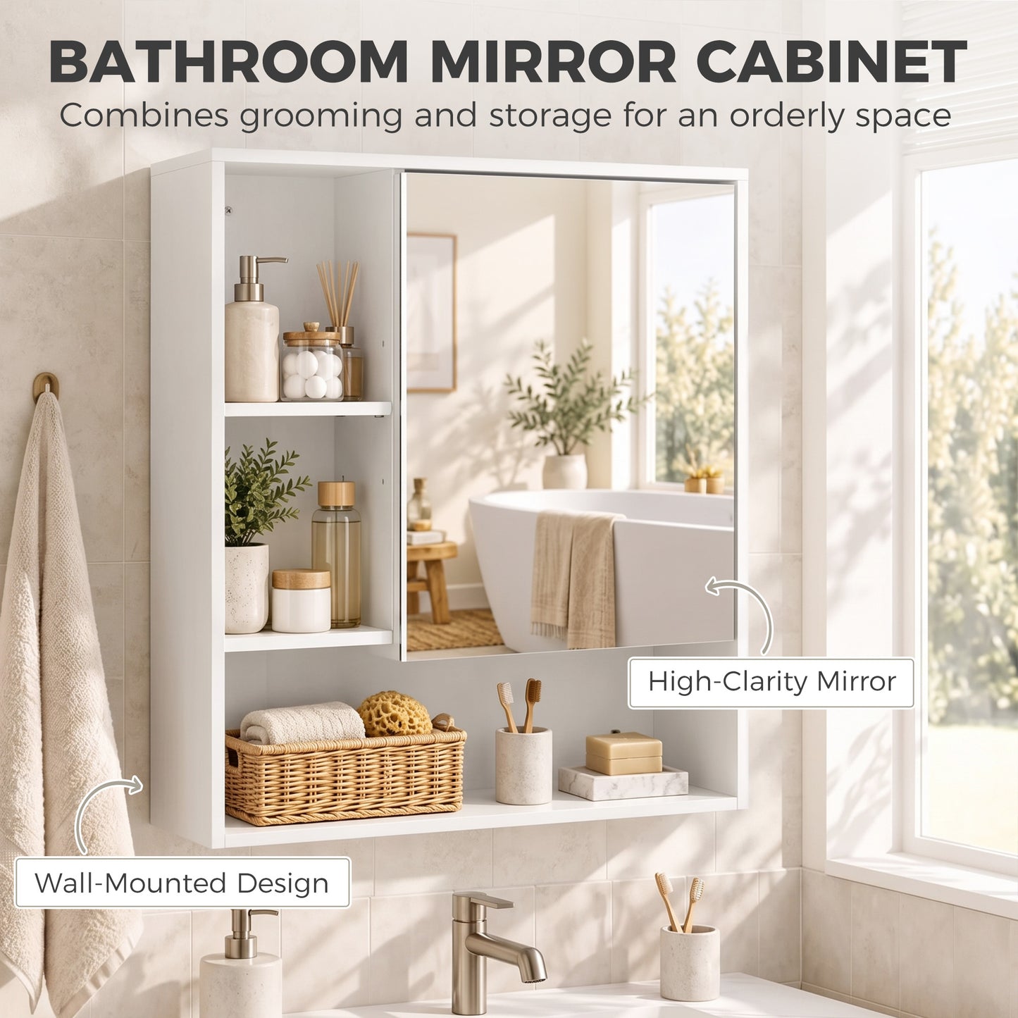 HOMCOM Bathroom Mirror Cabinet, Wall-Mounted Bathroom Cabinet with Mirror Door, Adjustable Shelves, White