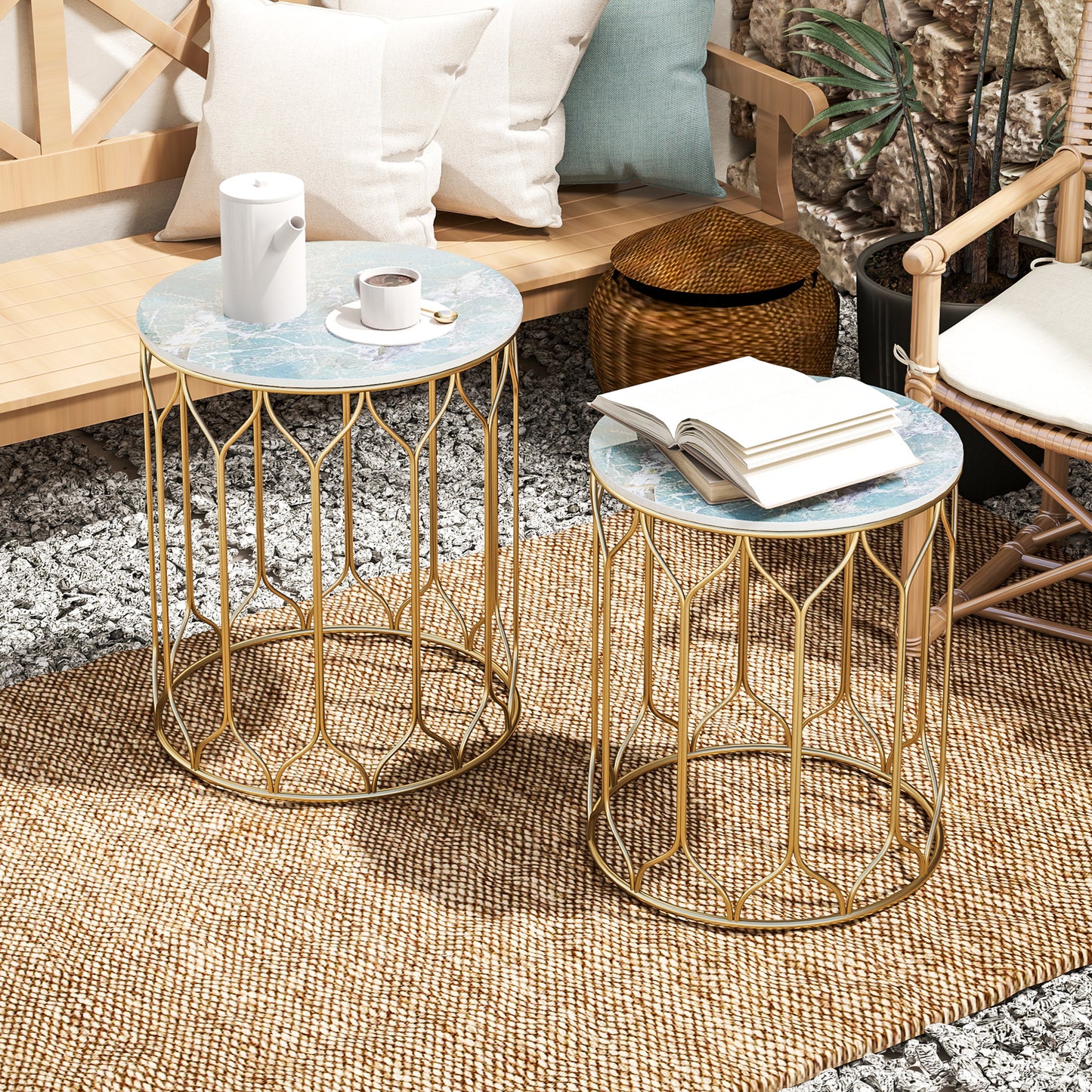 Outsunny Garden Side Tables Set of 2, Nesting, Ceramic Tile Top, Indoor/Outdoor Metal Frame, Multicoloured