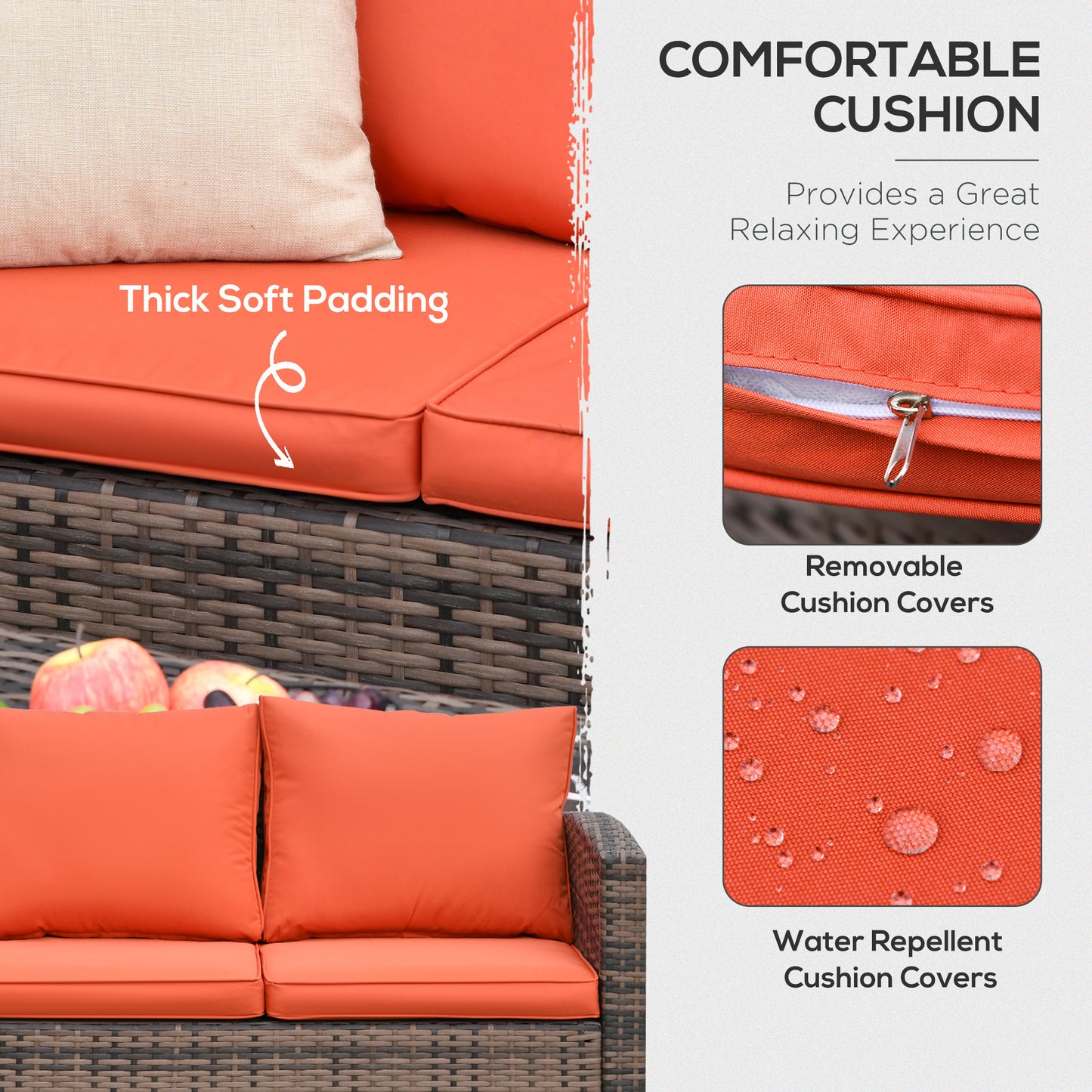 Outsunny 6-Piece Rattan Garden Furniture Set, 7-Seater Wicker Sofa with Storage Tables & Cushions, Orange