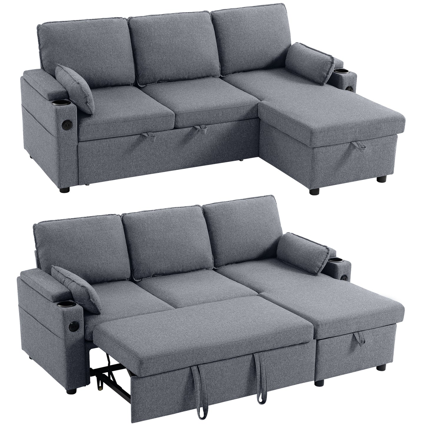 HOMCOM Corner Sofa Bed, L Shaped Sleeper Sectional Sofa with Reversible Storage Chaise, Grey