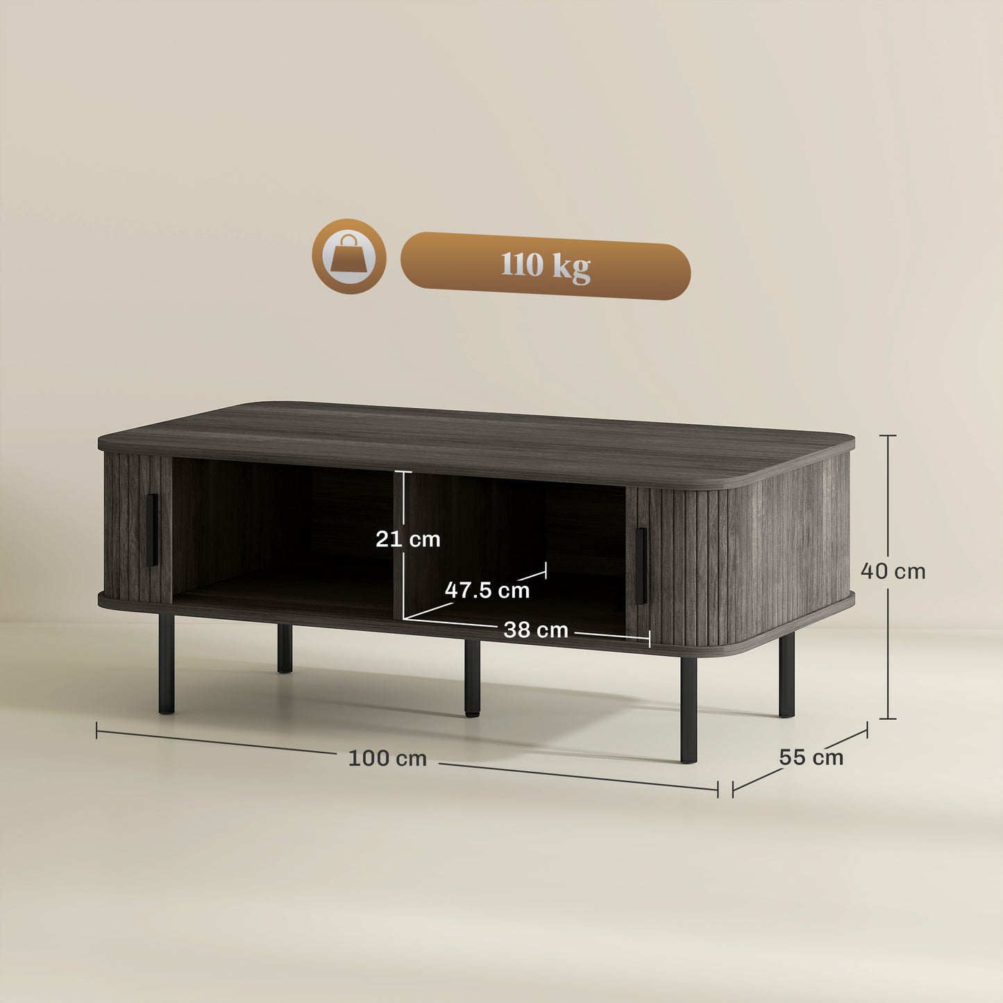 HOMCOM Coffee Table, Storage & Slatted Tambour Sliding Doors, Rectangular with Elevated Base & Foot Pads, Living Room, Grey Wood-Effect
