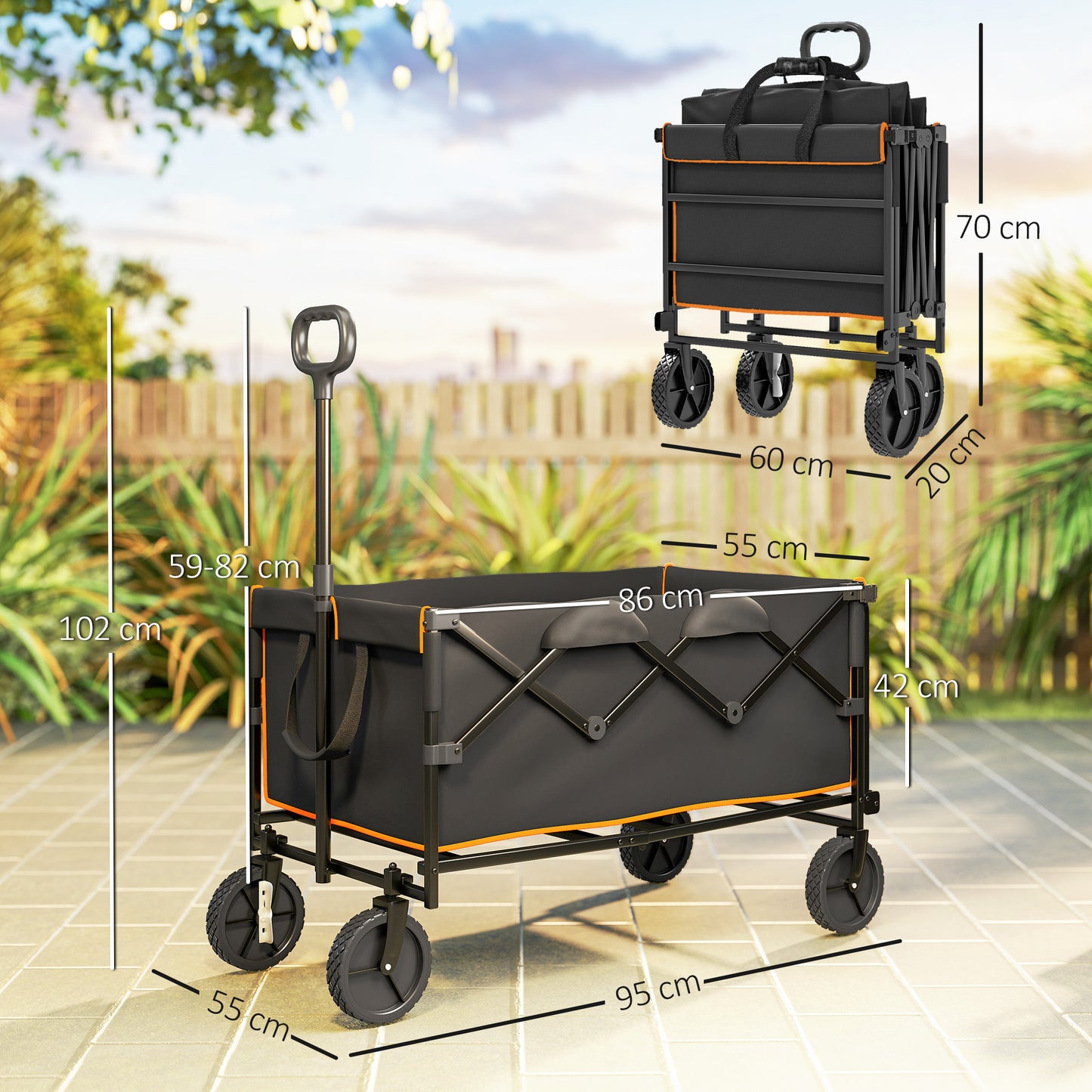 Outsunny 160L Festival Trolley on Wheels, Folding Camping Cart w/ Tailgate, 100kg Heavy Duty Garden Wagon w/ Adjustable Handle, Black and Orange