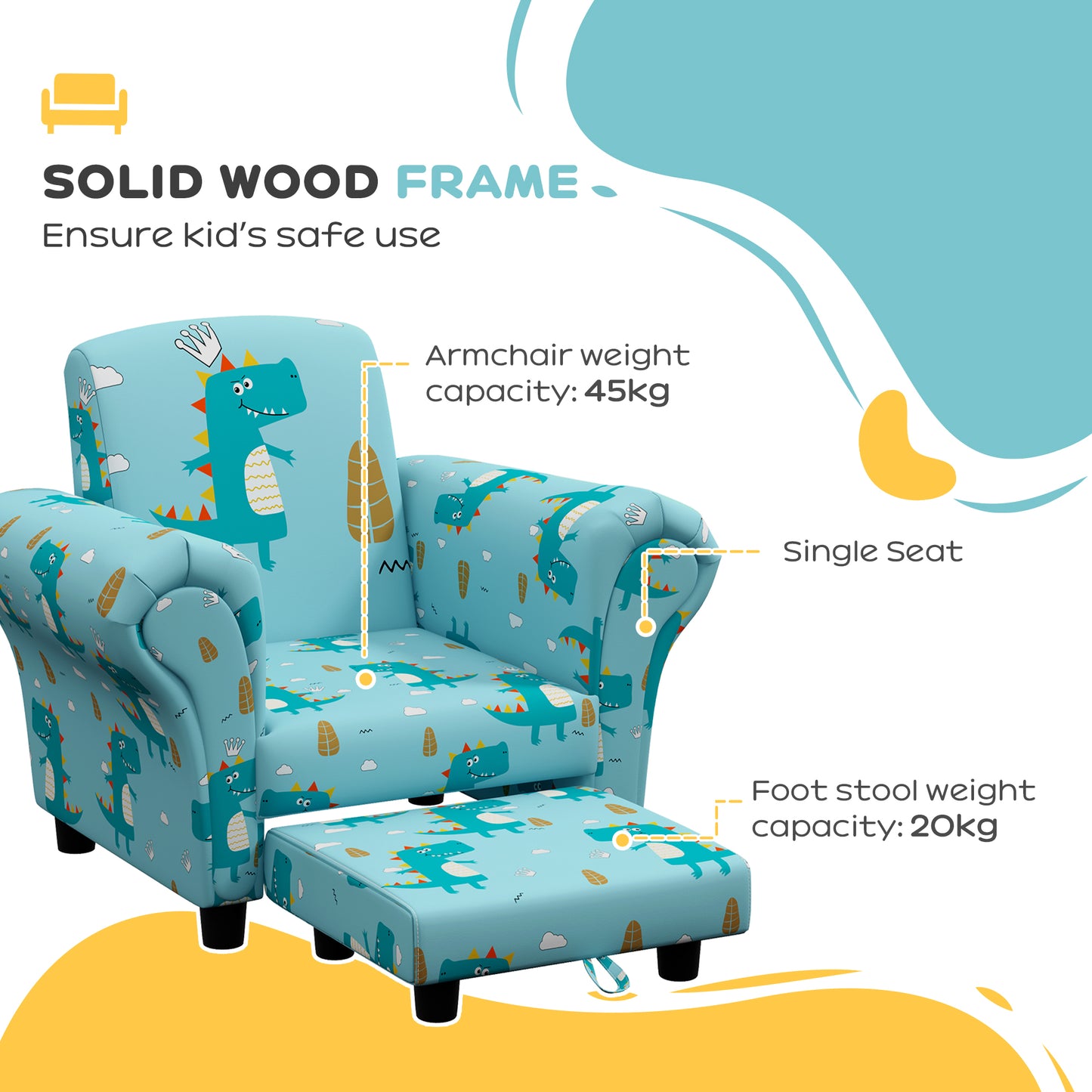 AIYAPLAY 2 Piece Kids Sofa Set with Dinosaur Design, Wooden Frame, for 1.5-3 Years Old - Blue
