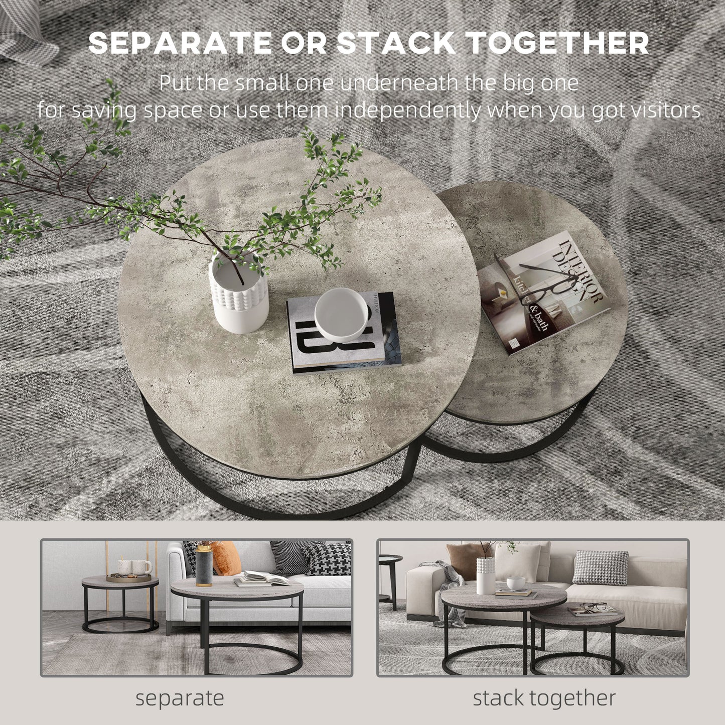 HOMCOM Two Piece Nesting Coffee Tables - Grey/Black