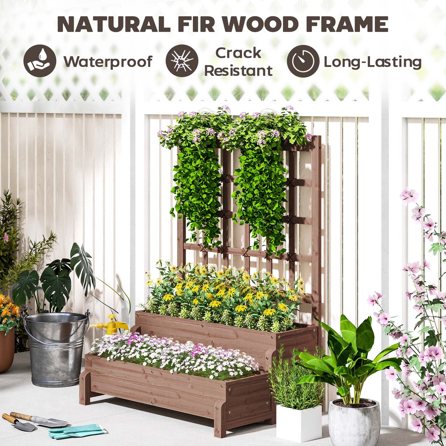 Outsunny 2-Tier Raised Garden Bed with Trellis, Wooden Elevated Planter Box with Drainage for Plants, Fruits, Vegetables, Flowers, Brown