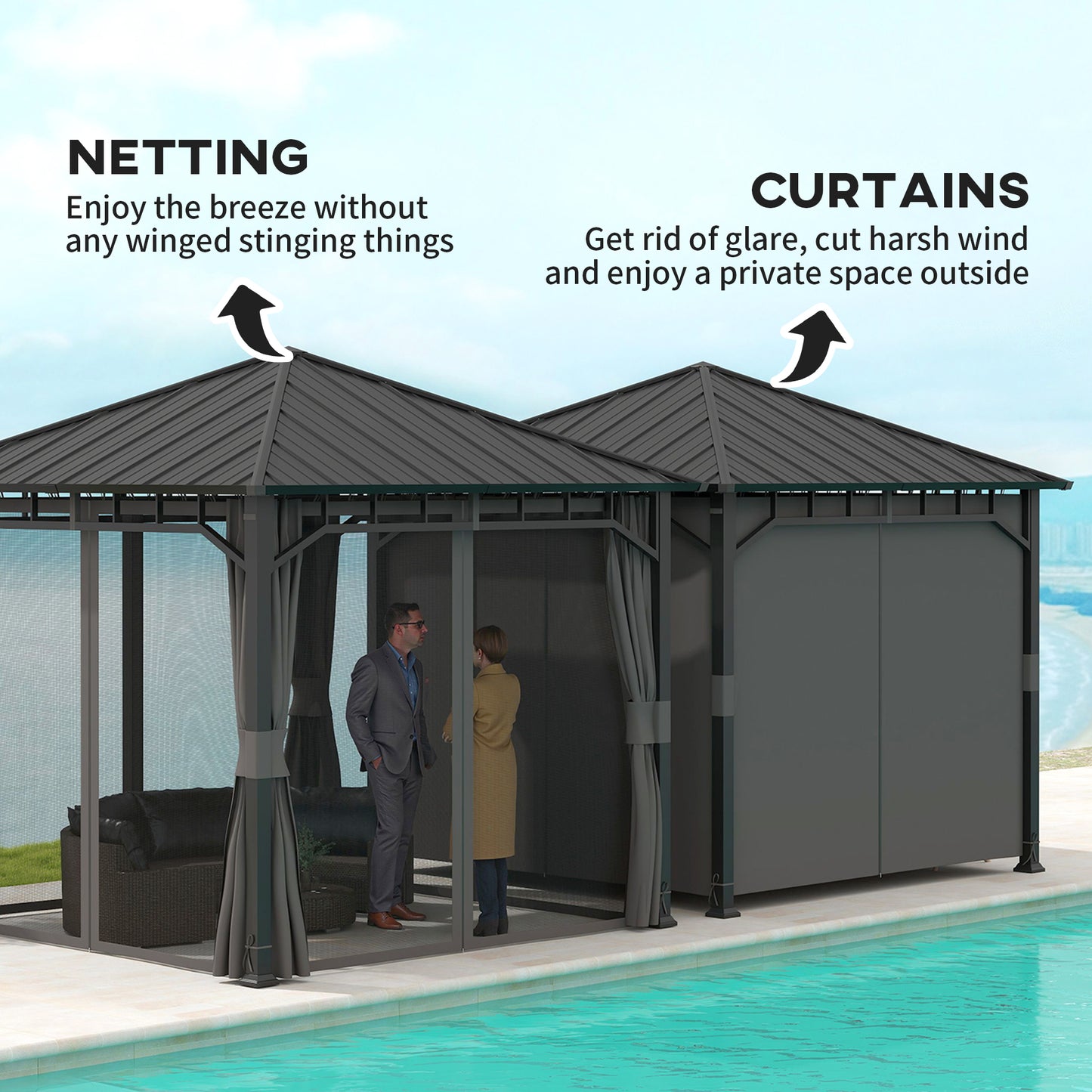 Outsunny Hardtop Gazebo, 3x3m, Steel Roof, Water Gutter, Waterproof Pavilion with Netting/Curtains for Patio/Deck, Garden Gazebo, Black