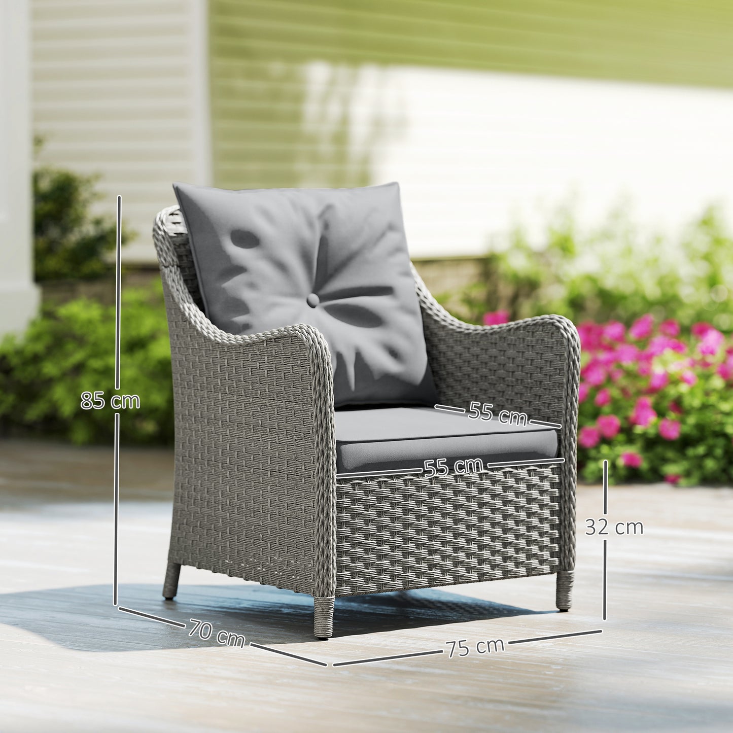Outsunny Rattan Garden Chairs Set of 2, Outdoor Armchairs with Cushions & High Back, Steel Frame, PE Wicker for Balcony, Porch, Dark Grey