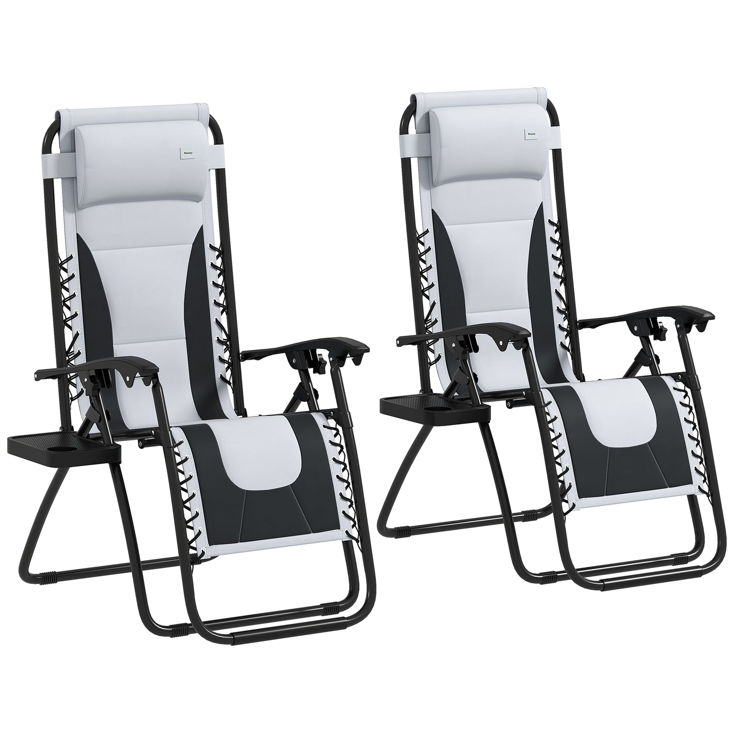 Outsunny Zero Gravity Lounger Chair Set of 2, Folding Reclining Patio Chair with Padded Seat, Cup Holder, Cushion, Headrest for Poolside, Grey