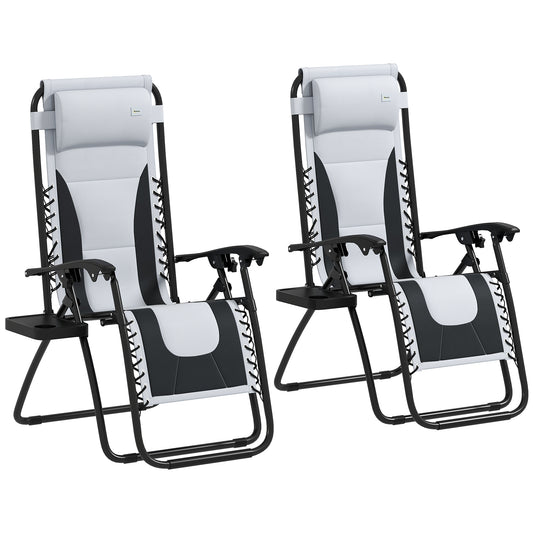 Outsunny Zero Gravity Lounger Chair Set of 2, Folding Reclining Patio Chair with Padded Seat, Cup Holder, Cushion, Headrest for Poolside, Grey