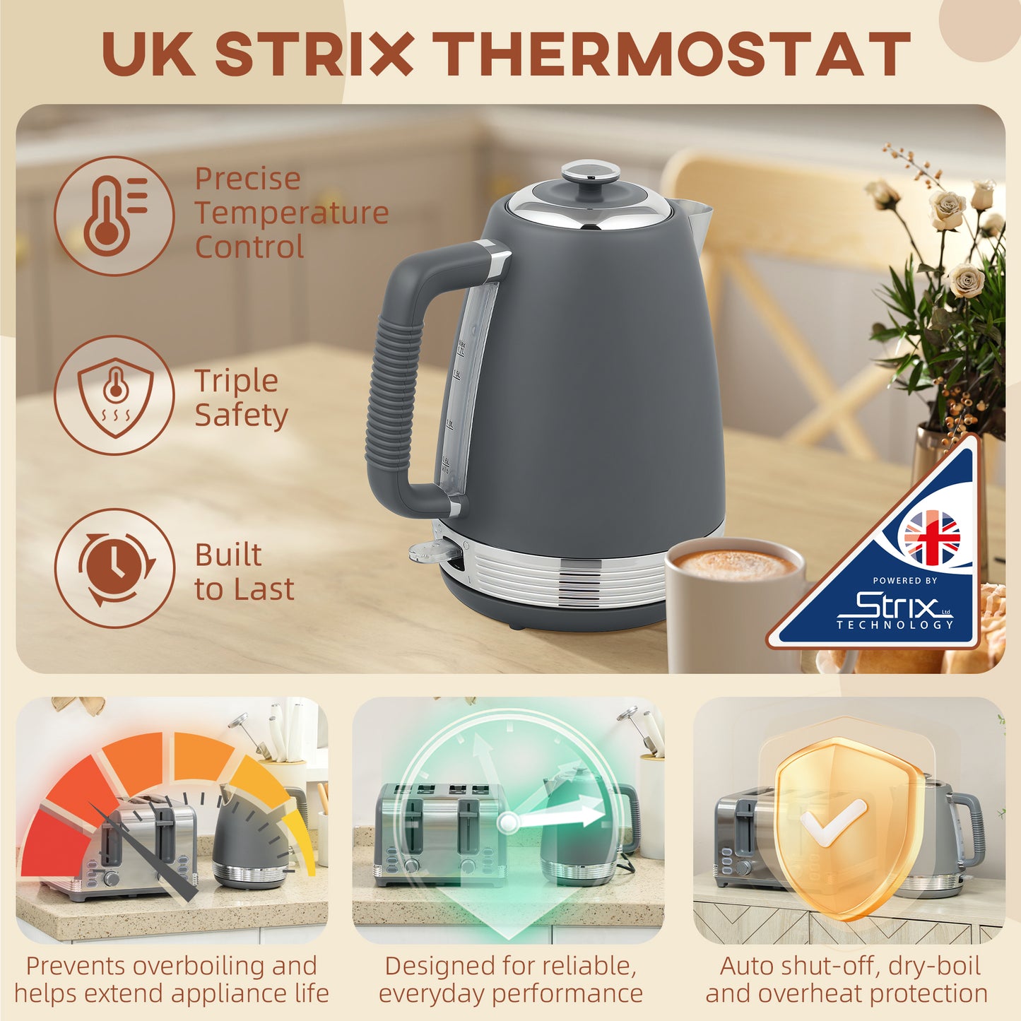 HOMCOM Kettle and Toaster Set, 1.7L 3000W Jug Kettle with Thermostat, Limescale Filter, 4-Slice Toaster with Browning Controls, Grey/Silver Tone