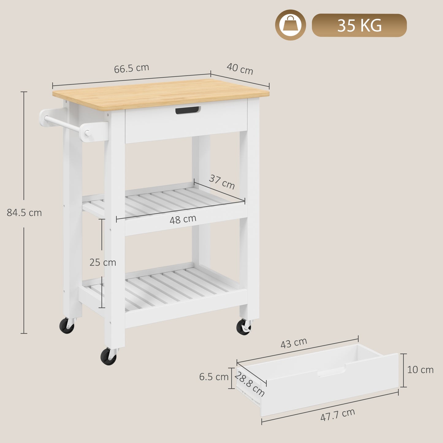 HOMCOM Kitchen Trolley Utility Cart on Wheels with Rubberwood Worktop, Towel Rack, Storage Shelves & Drawer for Dining Room
