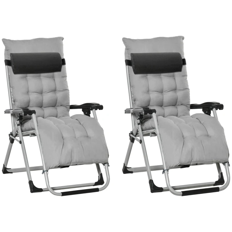 Outsunny 2 Piece Reclining Zero Gravity Chair Metal Frame Folding Garden Sun Lounger with Cushion Headrest Light Grey