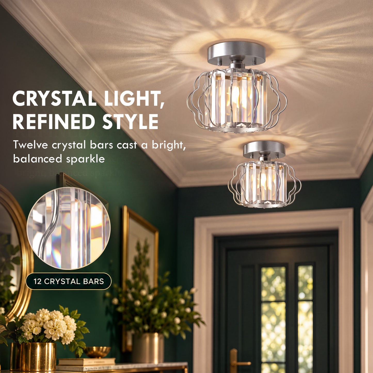 HOMCOM Crystal Ceiling Light Fixtures, Modern Semi-Flush Ceiling Lighting with Crystal Strips, 2 Pack, Silver Tone