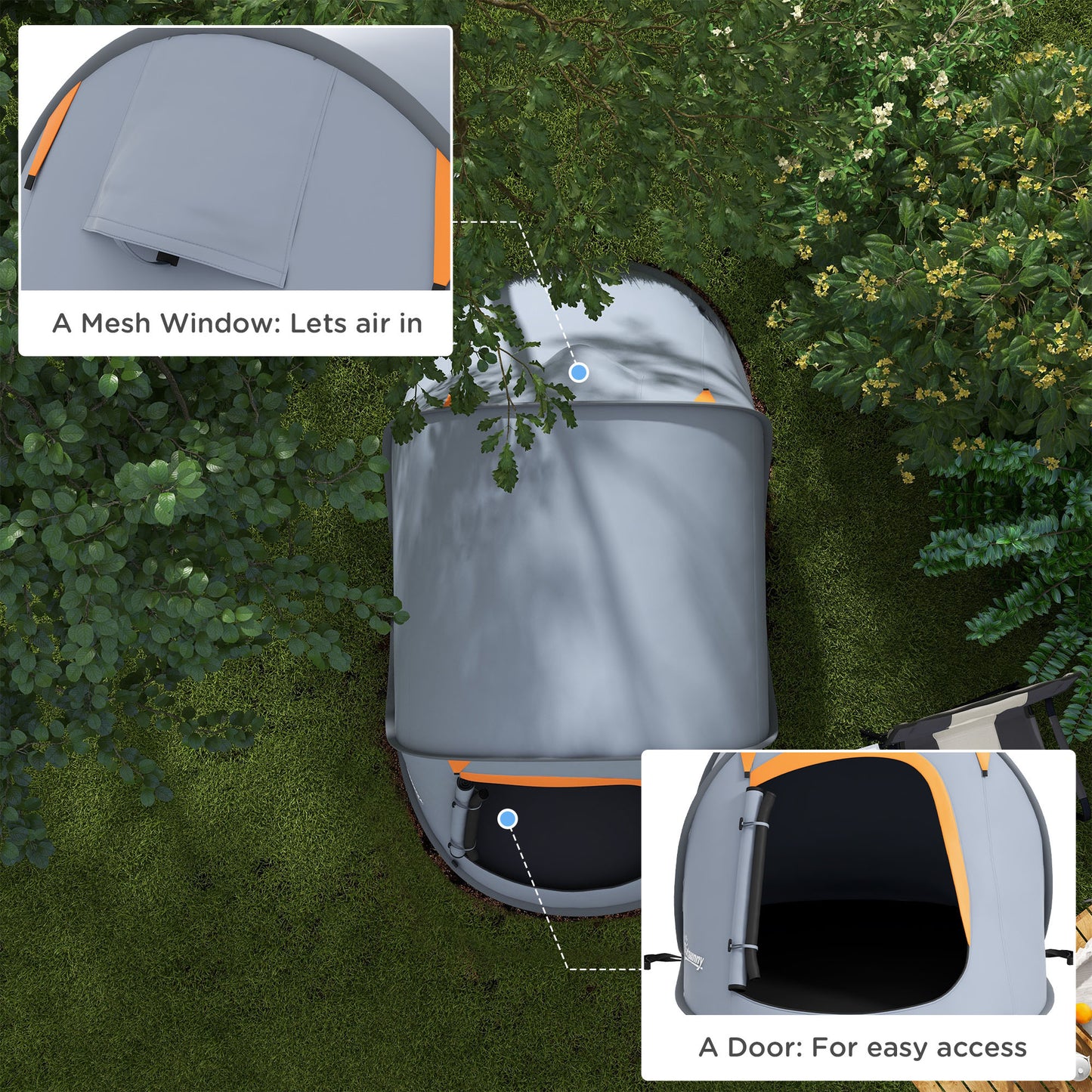 Outsunny 2 Man Pop up Camping Tent 2000mm Waterproof with Carry Bag for Fishing Hiking Backpacking Grey and Orange