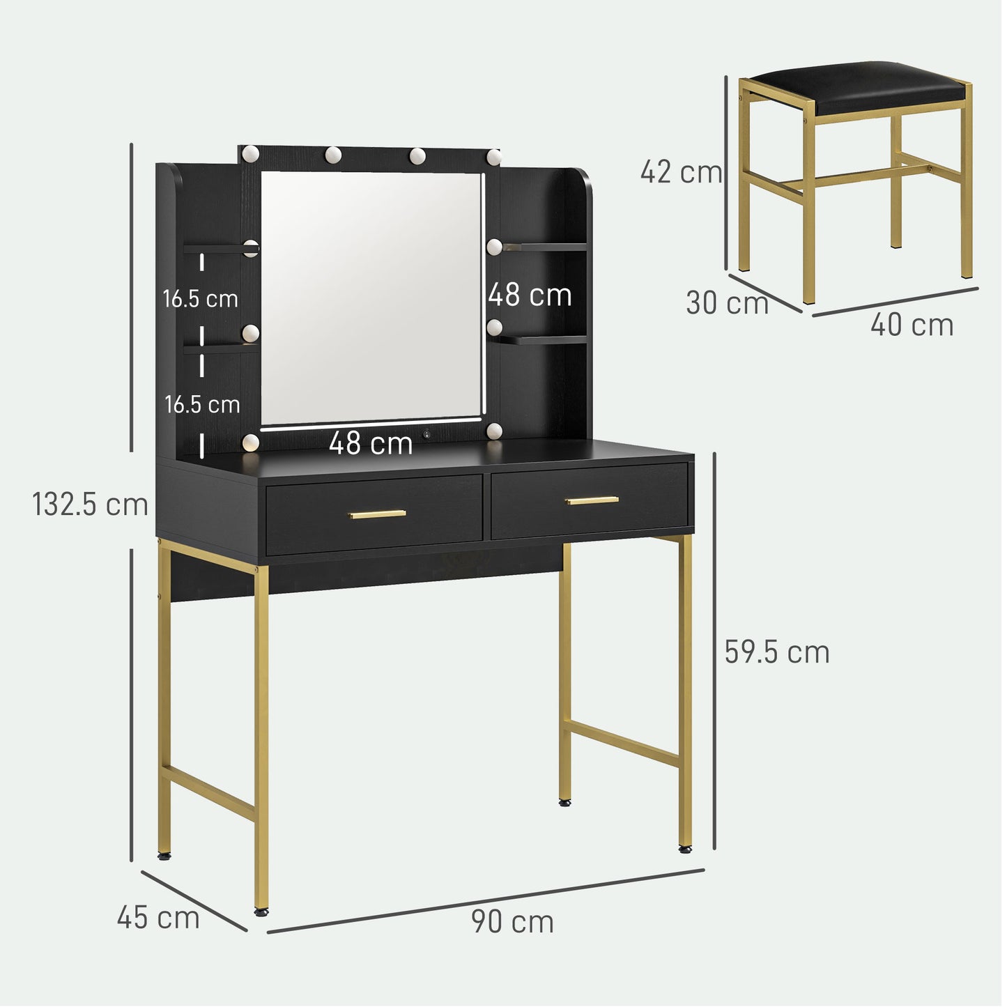 HOMCOM Dressing Table with Lighted Mirror, Cushioned Stool, Drawers, Shelves, Makeup Vanity Desk Set, Modern Dresser Vanity Table for Bedroom, Black