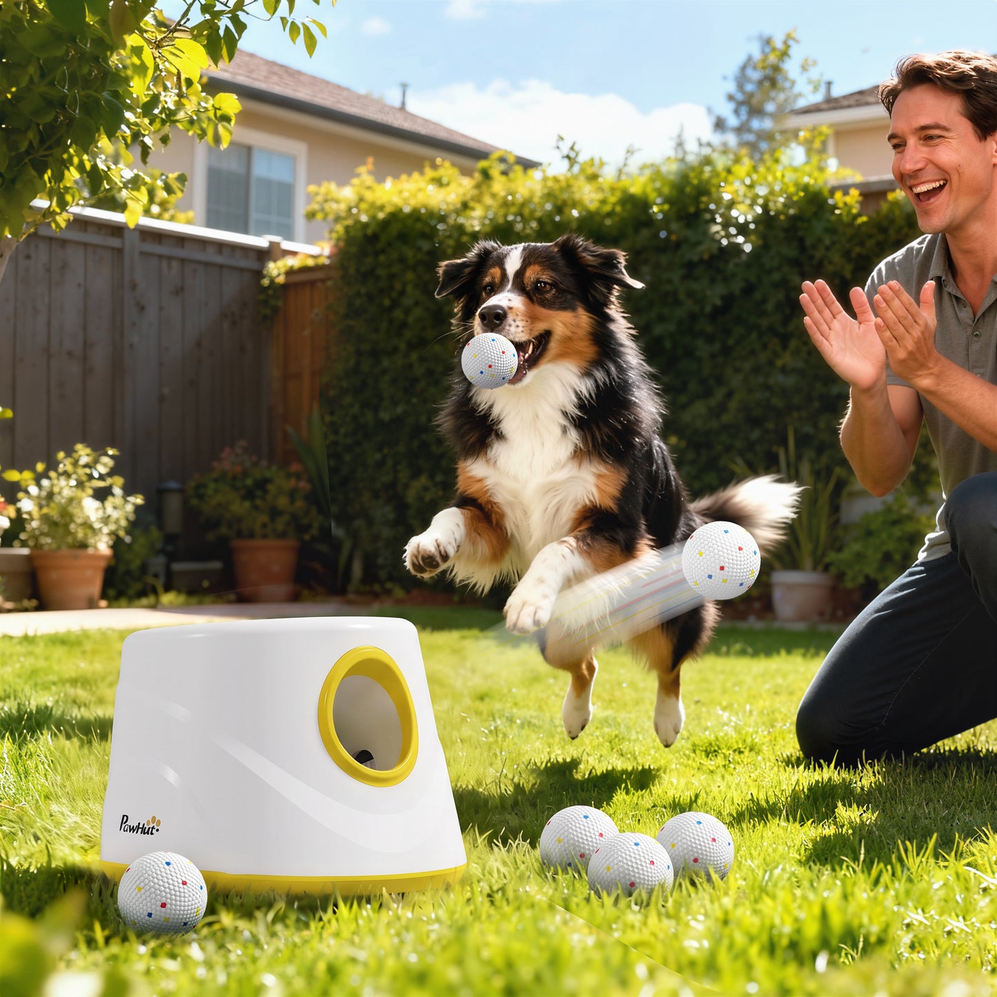 PawHut Automatic Dog Ball Launcher, Dog Thrower Machine with 6PCS 2.3" ETPU alls, 3 Adjustable Distance(20/33/46ft) & Random Mode
