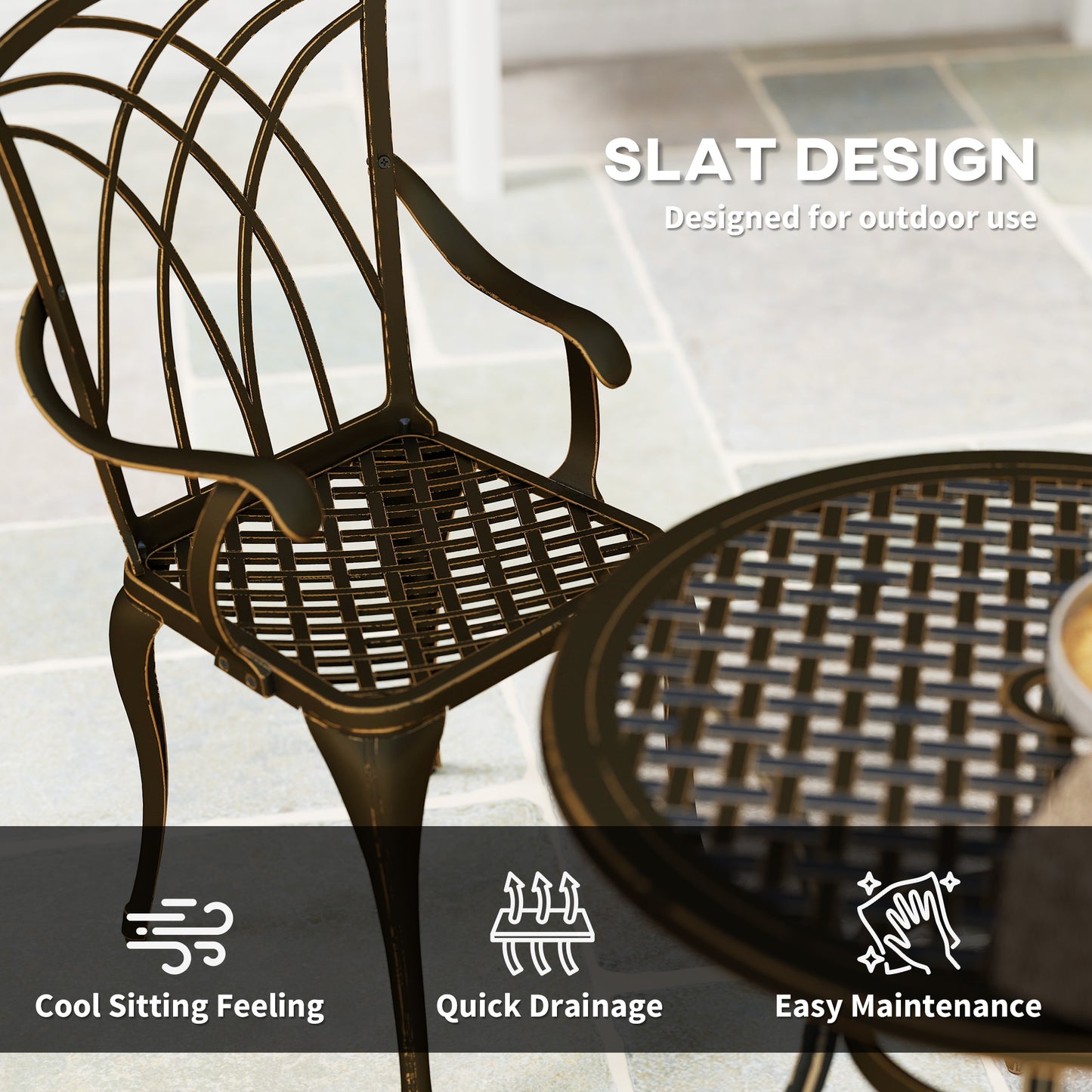 Outsunny 5 Piece Bronze Cast Aluminium Garden Dining Set, 4 Armchairs, Round Table with Parasol Hole