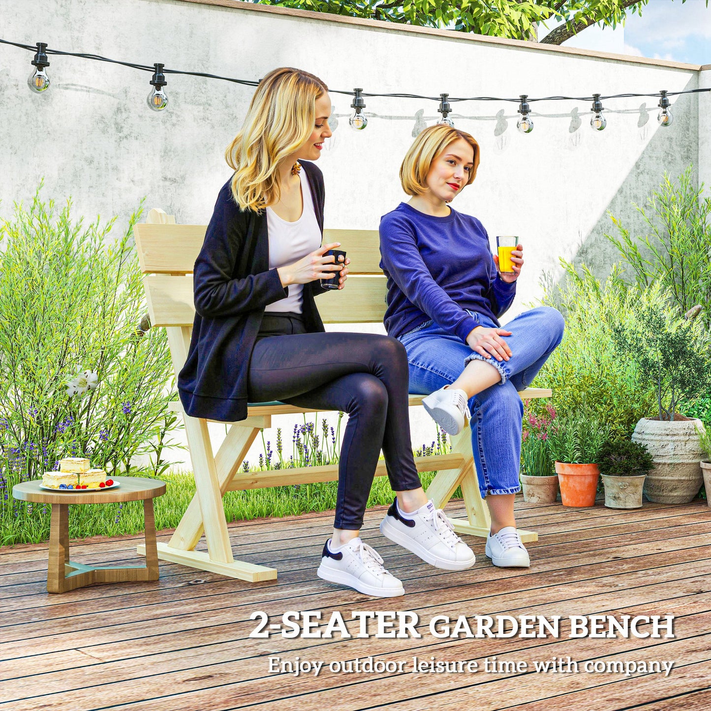 Outsunny 2 Seater Wooden Garden Bench, Fir Wood Loveseat with Slatted Seat & Sloping Back, Natural Finish