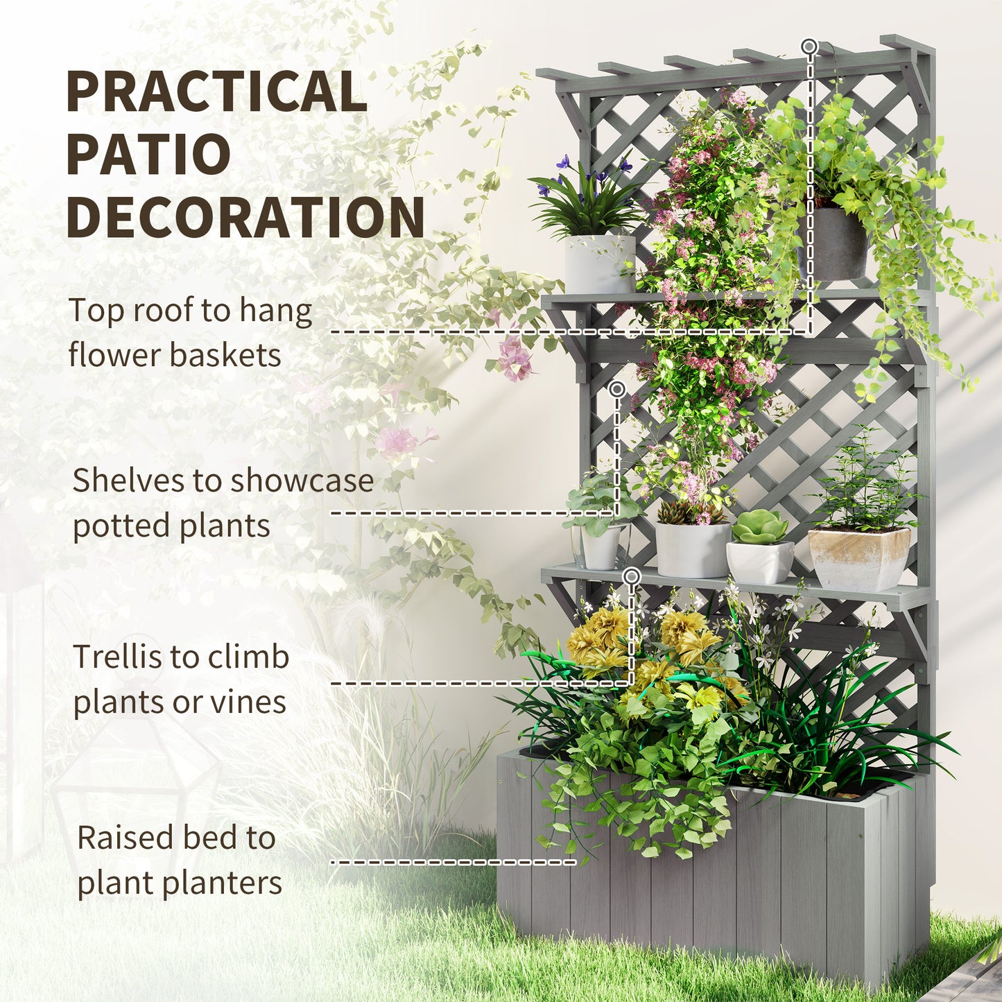 Outsunny Wooden Planter with Trellis, Freestanding Raised Bed with Roof, Shelves, Drainage Holes & Liner for Garden, Grey