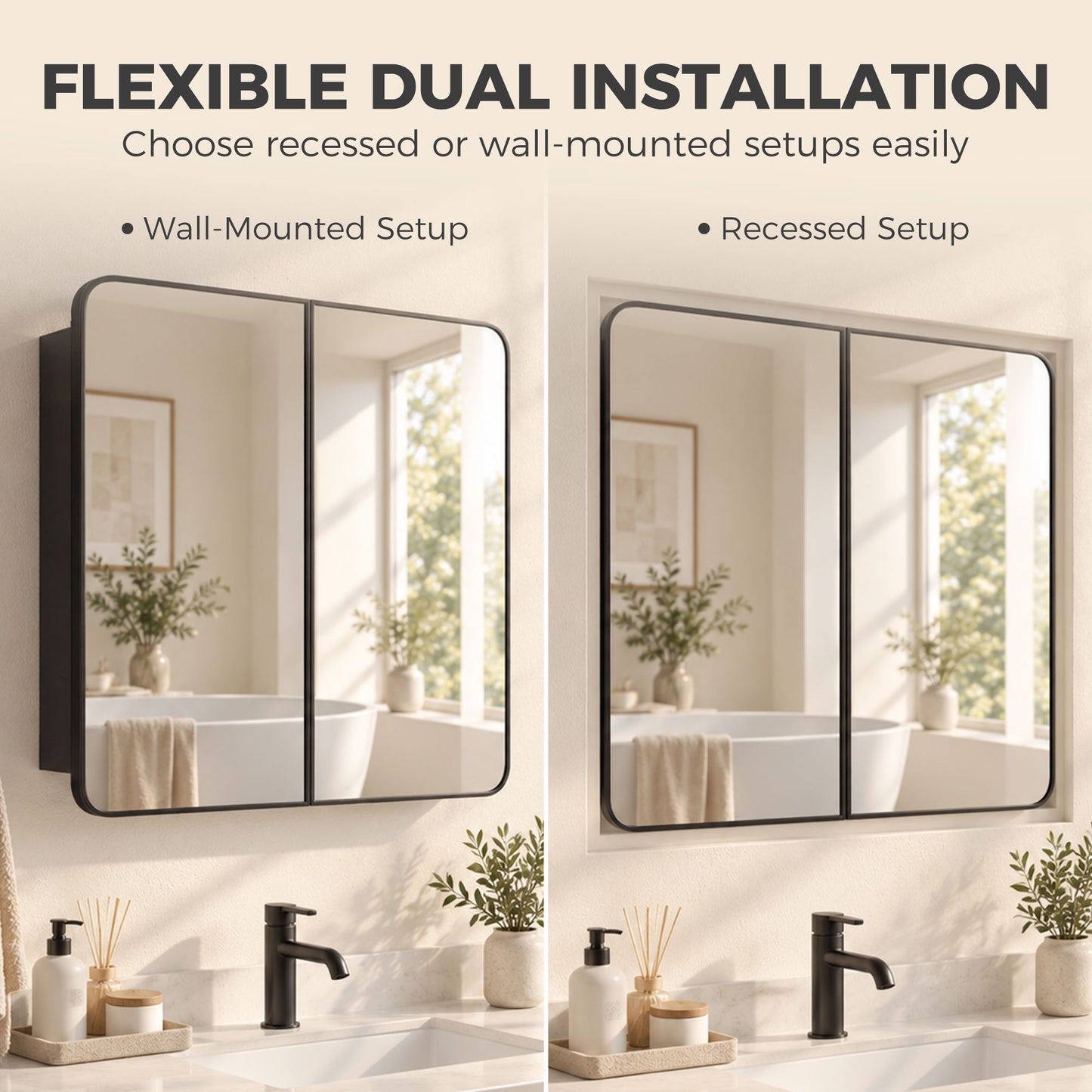HOMCOM 76.2 x 11.6 x 61 cm Bathroom Mirror Cabinet, Wall Cabinet with Adjustable Shelves, Wall-Mounted or Recessed, Black