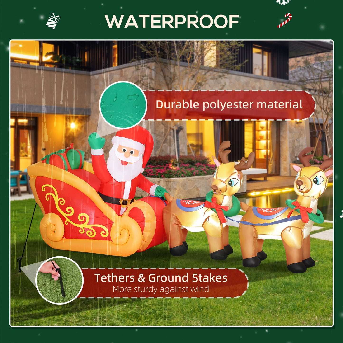 Outsunny Inflatable Santa on Sleigh with Two Reindeer, LED Lights, Christmas Decoration for Indoor/Outdoor Home, 7.9ft, Red