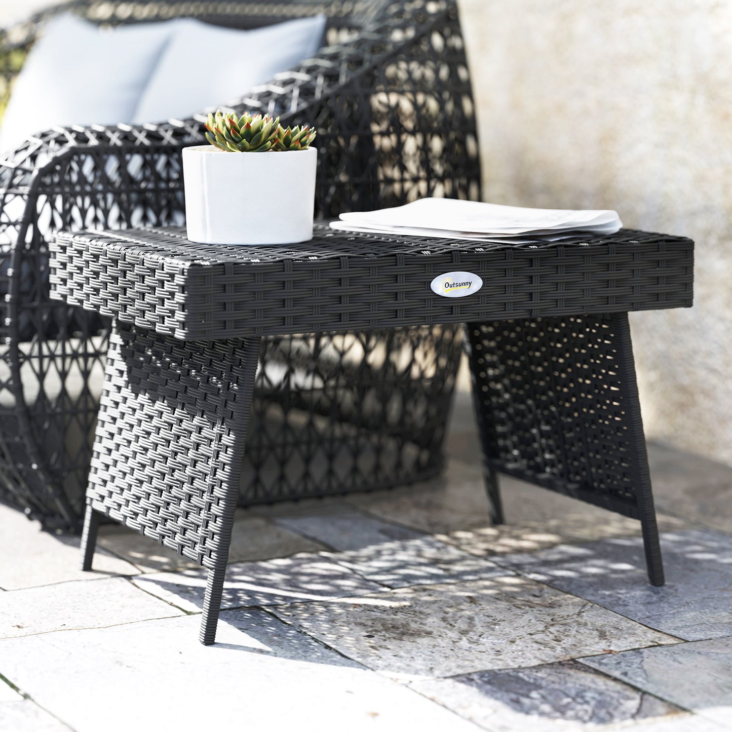 Outsunny Foldable Rattan Garden Coffee Table, Steel Frame, Space-Saving Patio/Balcony Furniture, 60x41x41 cm, Black
