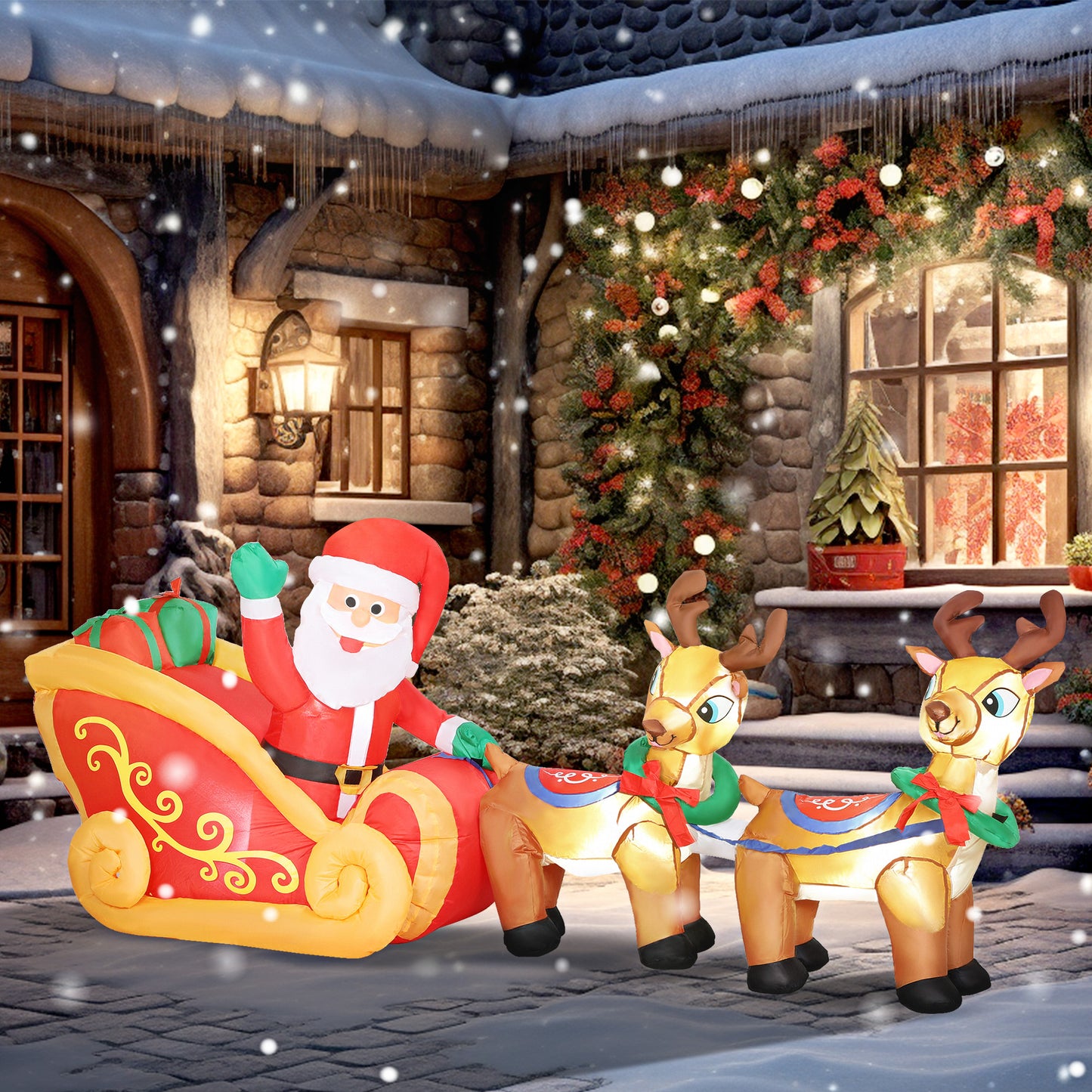 Outsunny Inflatable Santa on Sleigh with Two Reindeer, LED Lights, Christmas Decoration for Indoor/Outdoor Home, 7.9ft, Red