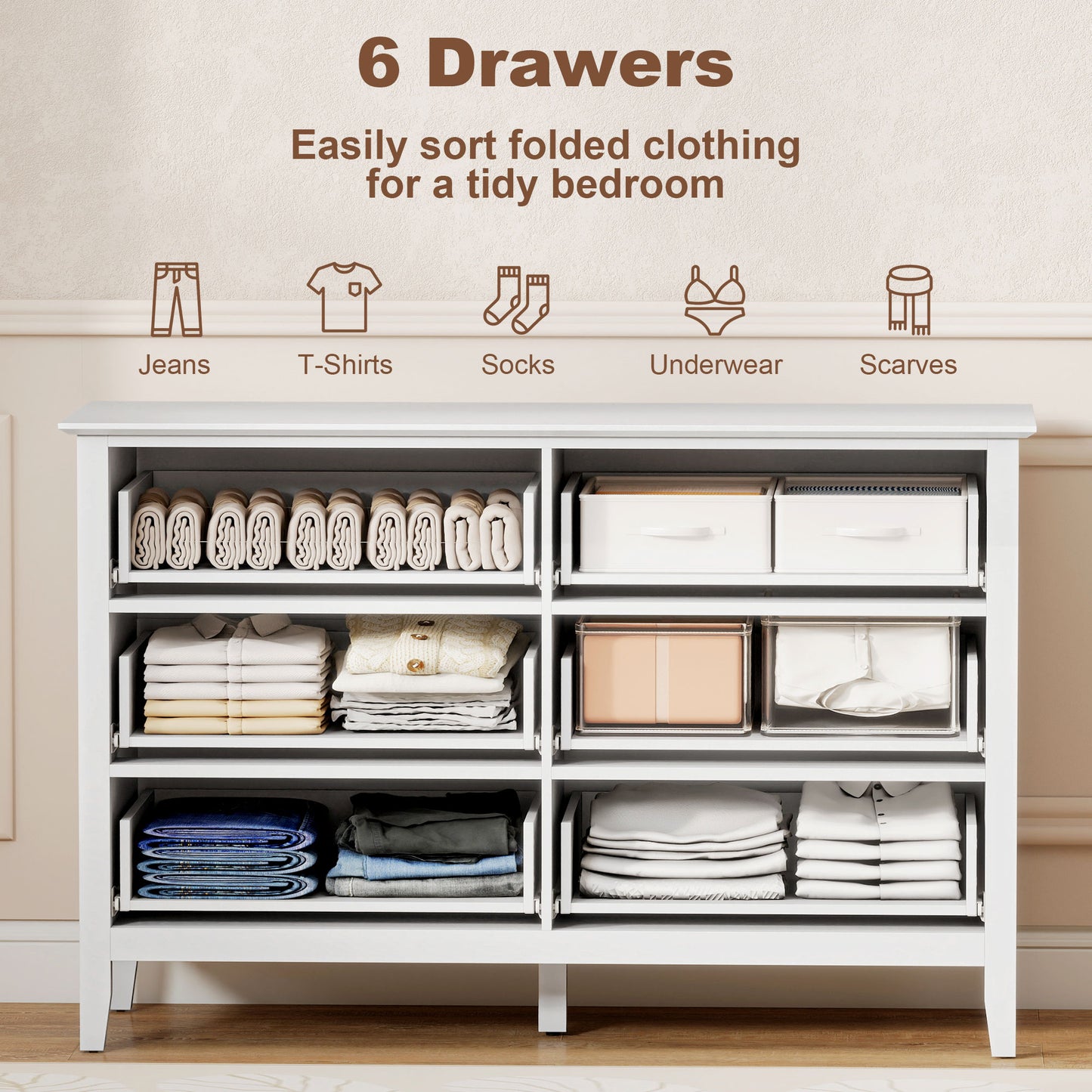 HOMCOM Fluted Dresser, 6 Drawer Chest of Drawers for Bedroom, Living Room, Hallway, Closet, White