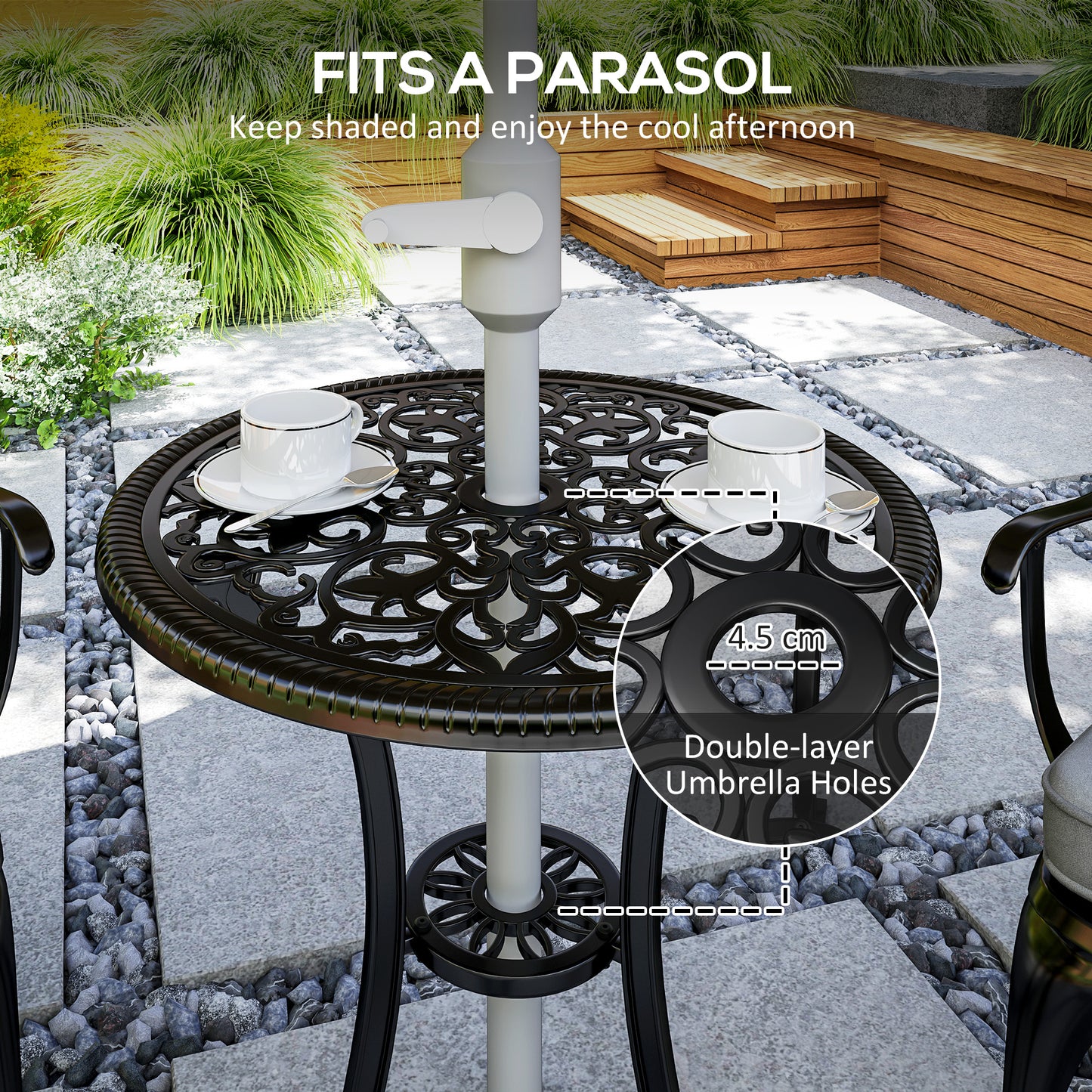 Outsunny 3 Piece Cast Aluminium Bistro Set, Rust Resistant with Parasol Hole & Cushions, Black