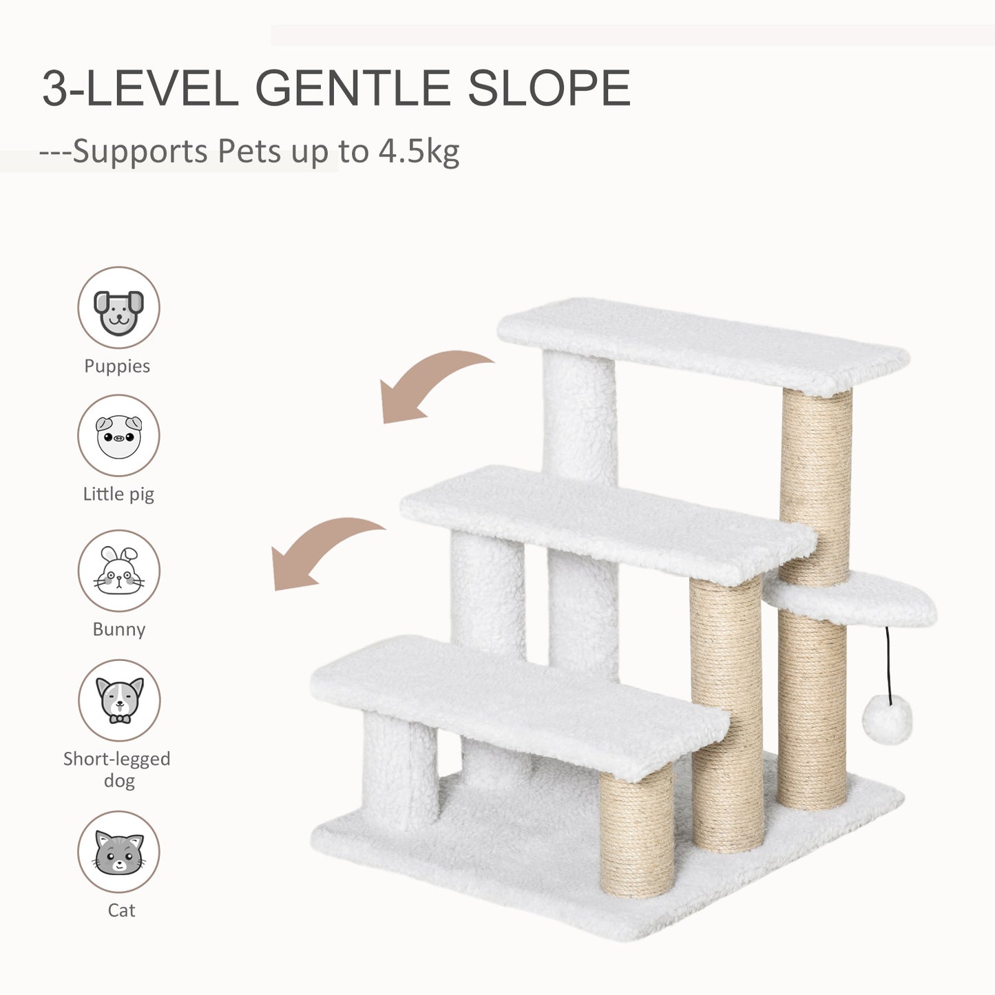 PawHut Pet Stair with 3-step Climb Ladder, Scratching Posts, Platforms, Toy Ball, for Indoor Elderly Cats Kittens, White