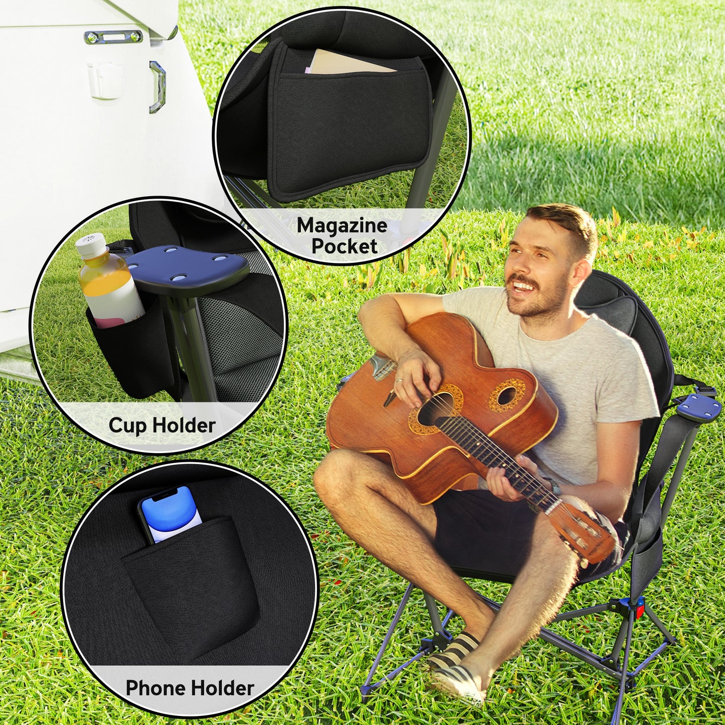Outsunny Set of 2 Camping Chairs, Adjustable Swinging Chair with Cup Holder, Headrest & Carry Bag, Black