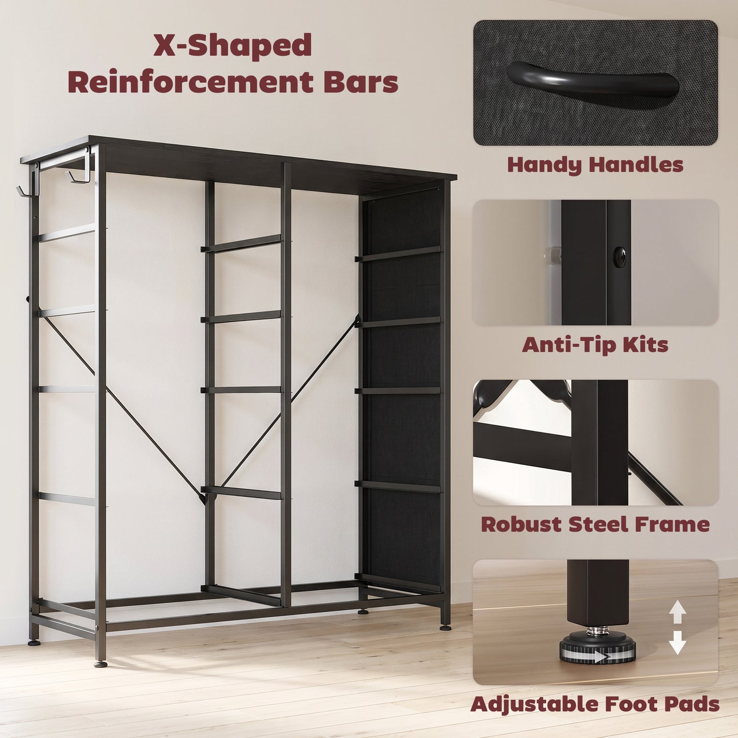 HOMCOM Chest of Drawers, Dresser with 10 Fabric Drawers, Tall Storage Unit with 4 Pockets and 2 Hooks Steel Frame, Black