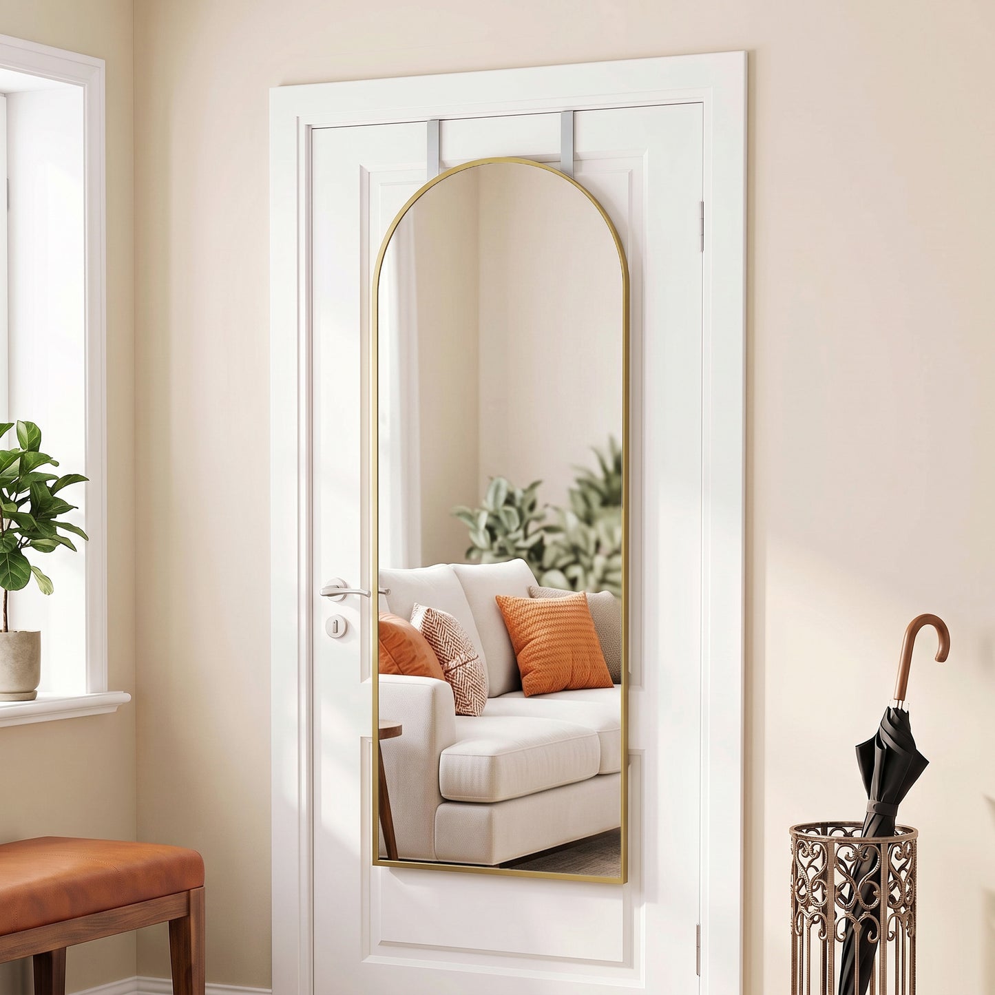 HOMCOM 40 x 110 cm Full Length Hanging Mirror, Arched Mirror with Adjustable Hooks, Over-the-Door or Wall-Mounted, Gold Tone