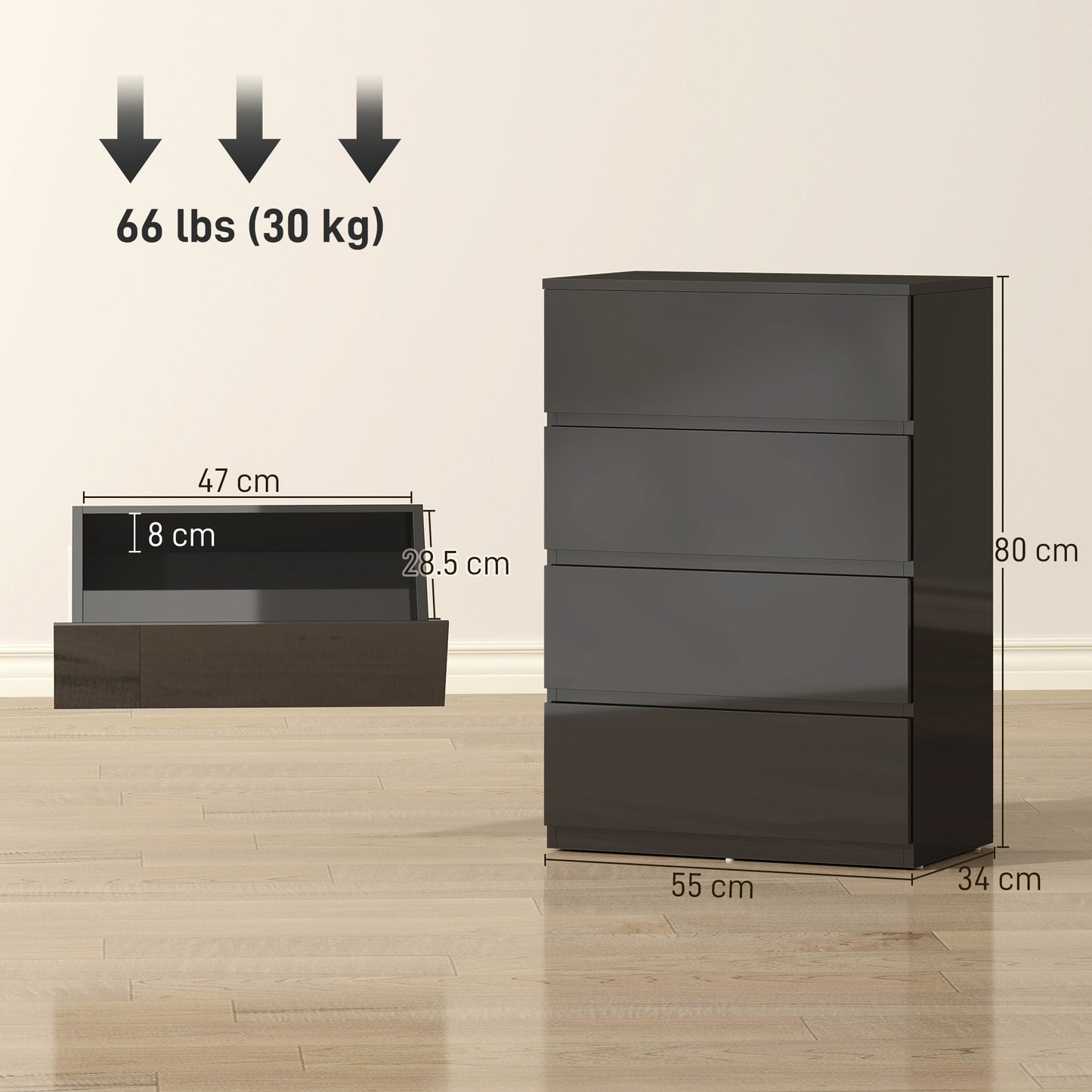 HOMCOM Chest of Drawers, 4-Drawer Storage, Modern Dresser, Storage Drawer Unit for Bedroom