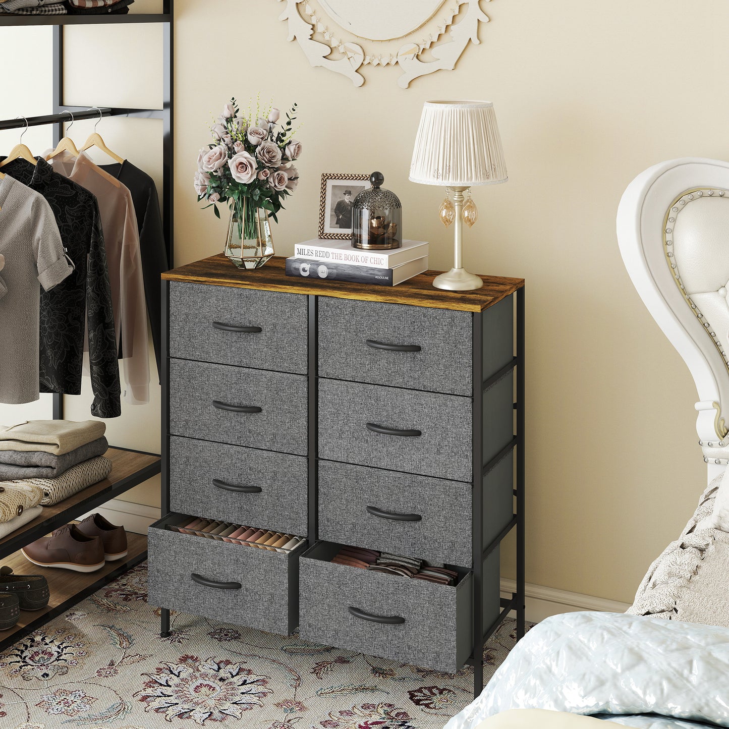 HOMCOM Chest of Drawers, Industrial Dresser with 8 Fabric Drawers, Steel Frame, Wooden Top for Bedroom, Nursery, Hallway, Rustic Brown and Grey