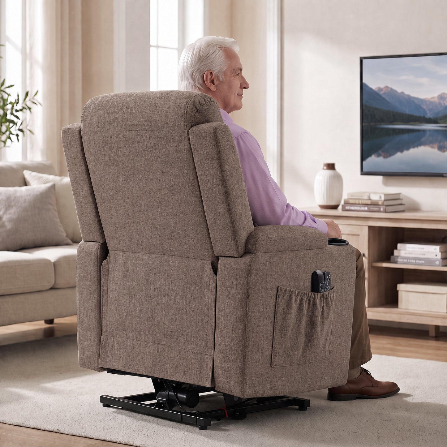 HOMCOM Riser Recliner Chair with Massage and Heat, Linen Electric Lift Armchair for Elderly with Spring Cushion, Brown