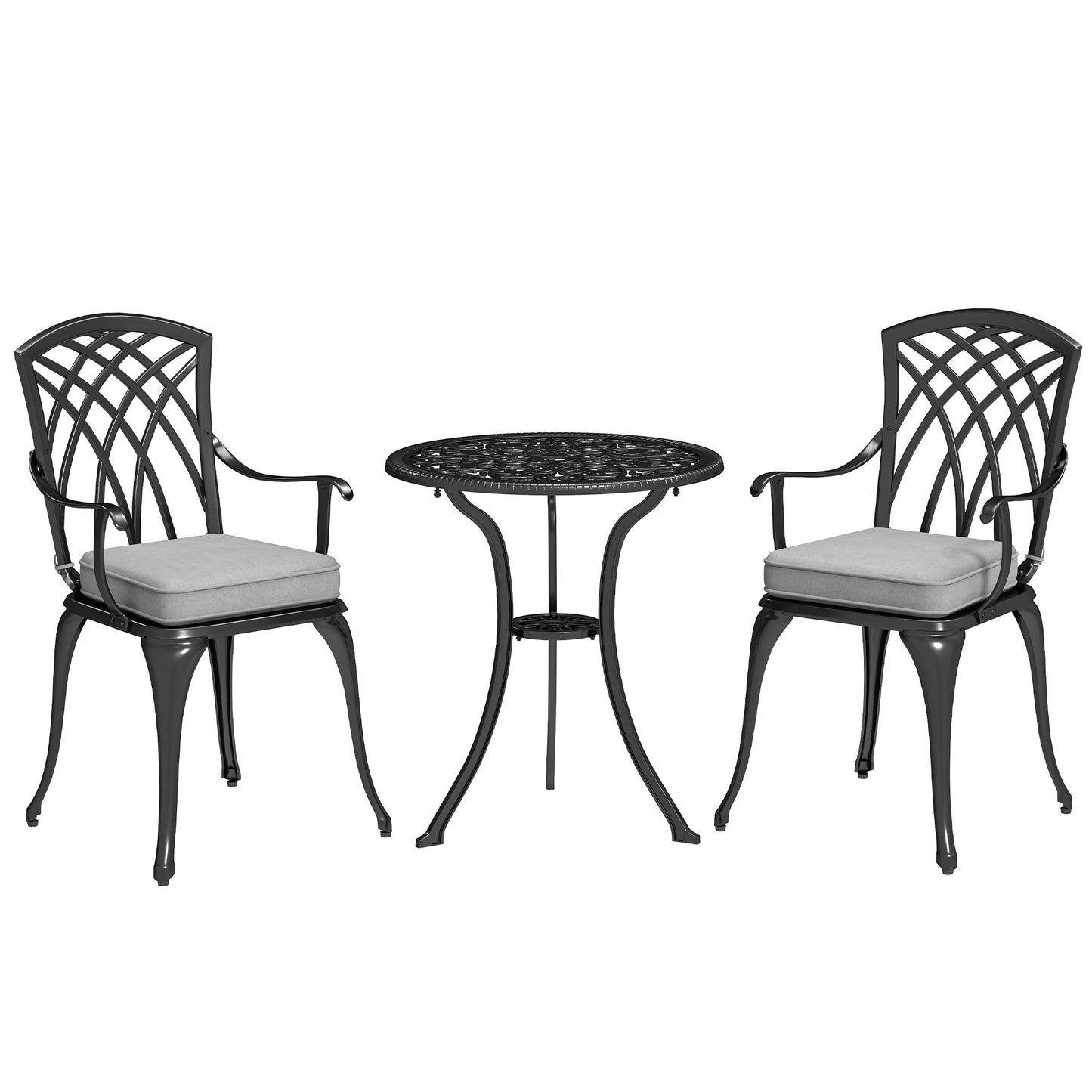Outsunny 3 Piece Cast Aluminium Bistro Set, Rust Resistant with Parasol Hole & Cushions, Black