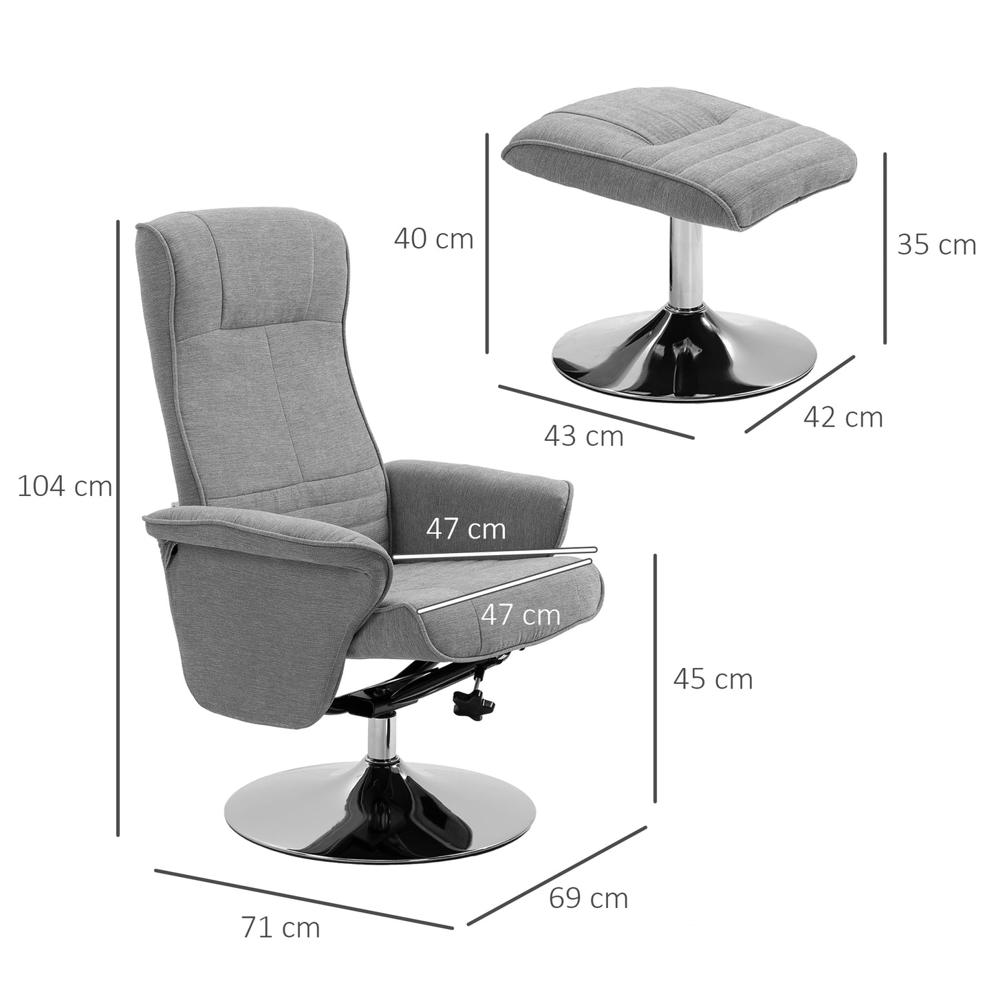 HOMCOM Swivel Recliner Chair with Footstool, Velvet Upholstered Armchair with Ottoman, Steel Base for Living Room, Bedroom, Office, Grey