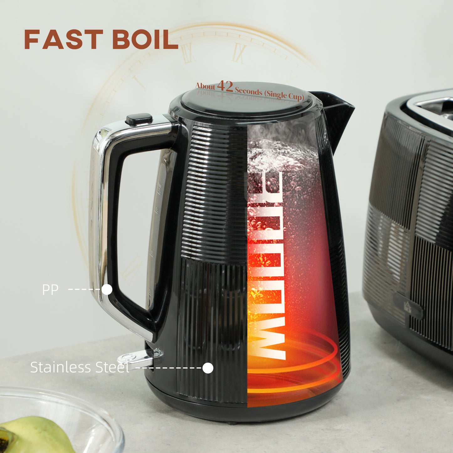 HOMCOM Kettle & Toaster Set, 1.7L 3000W Fast Boil, 2 Slice, 7 Browning Levels, Defrost, Reheat, Black