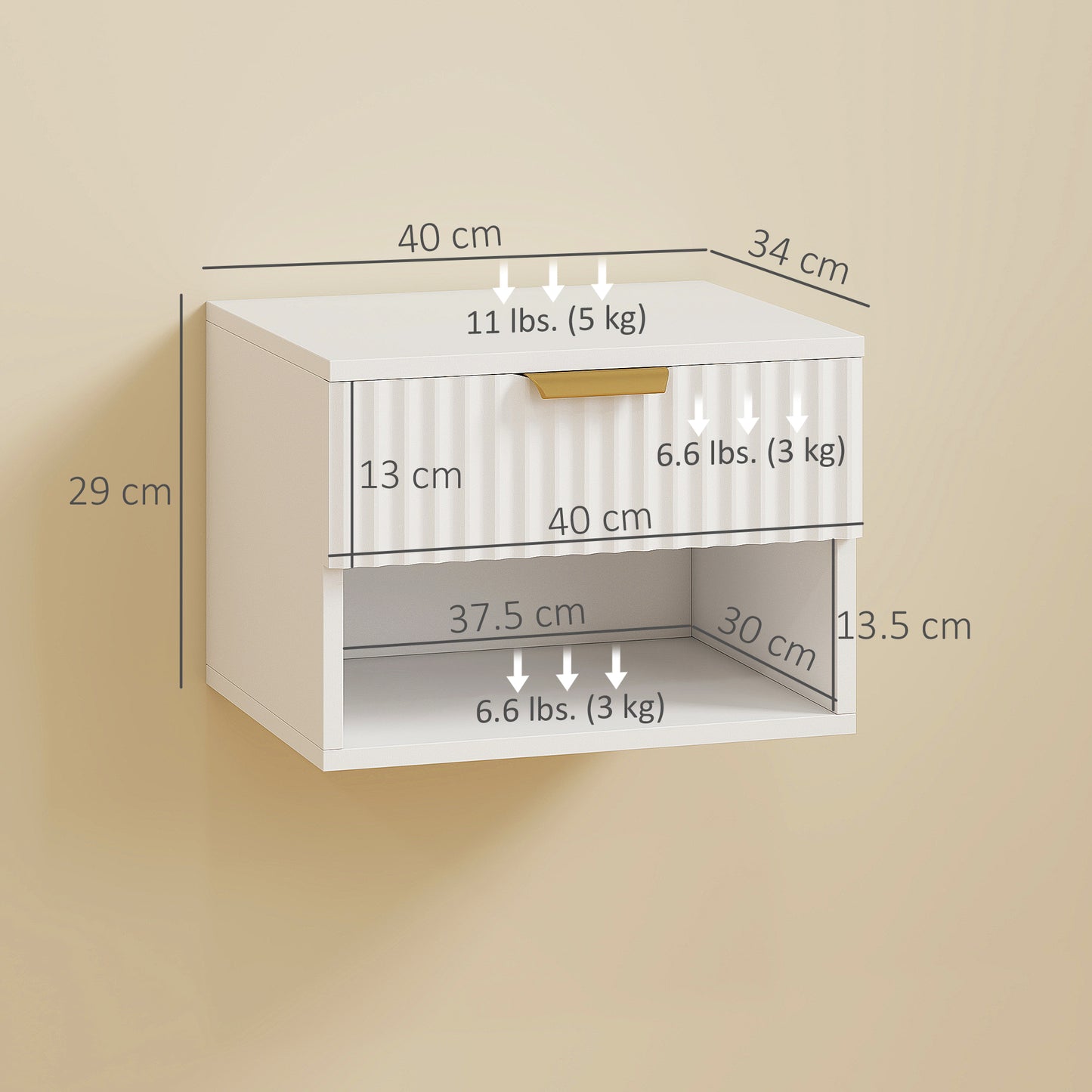 HOMCOM Floating Nightstands Set of 2, Modern Wall Mounted Bedside Tables with Fluted Drawer and Open Shelf for Bedroom, White