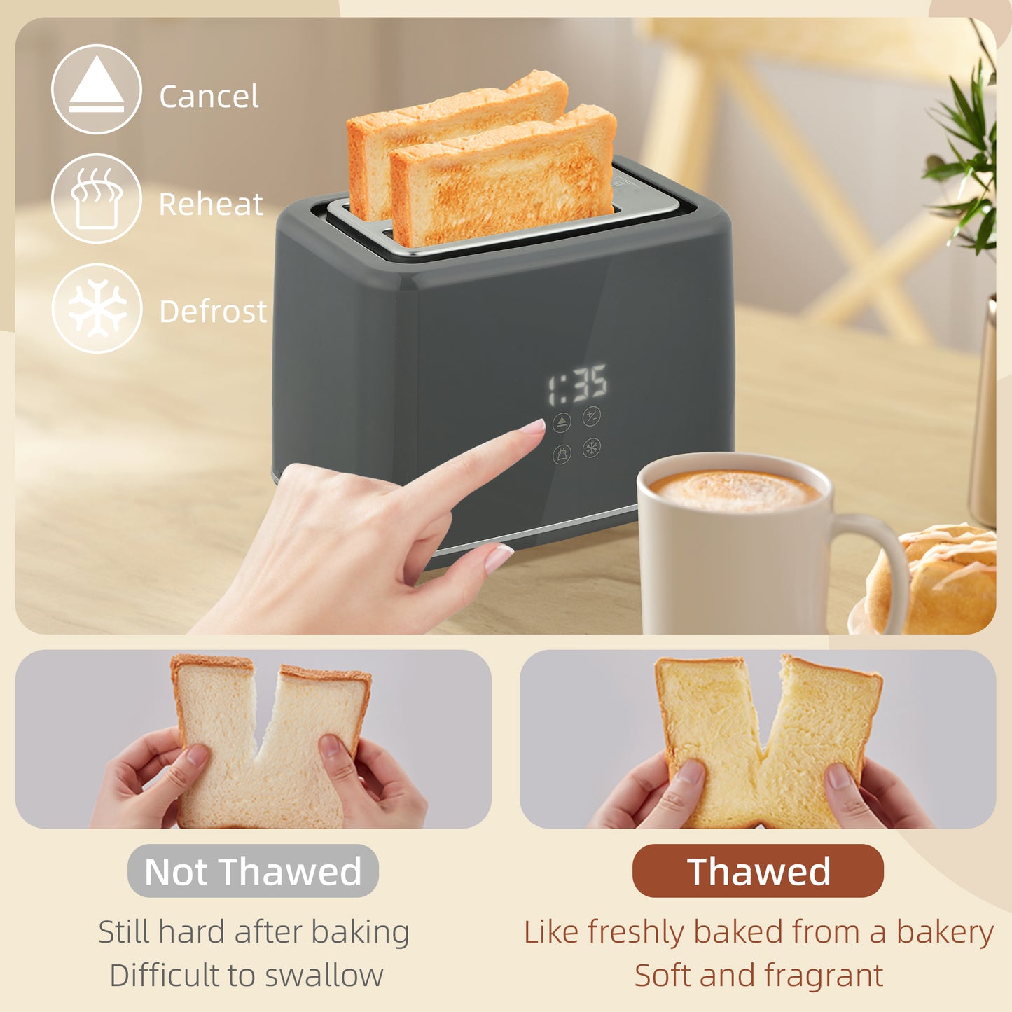 HOMCOM Digital Kettle & Toaster Set, 1.5L 3000W Fast Boil Kettle, 2-Slice Toaster with 7 Browning Levels, LED Display, Crumb Tray, Grey