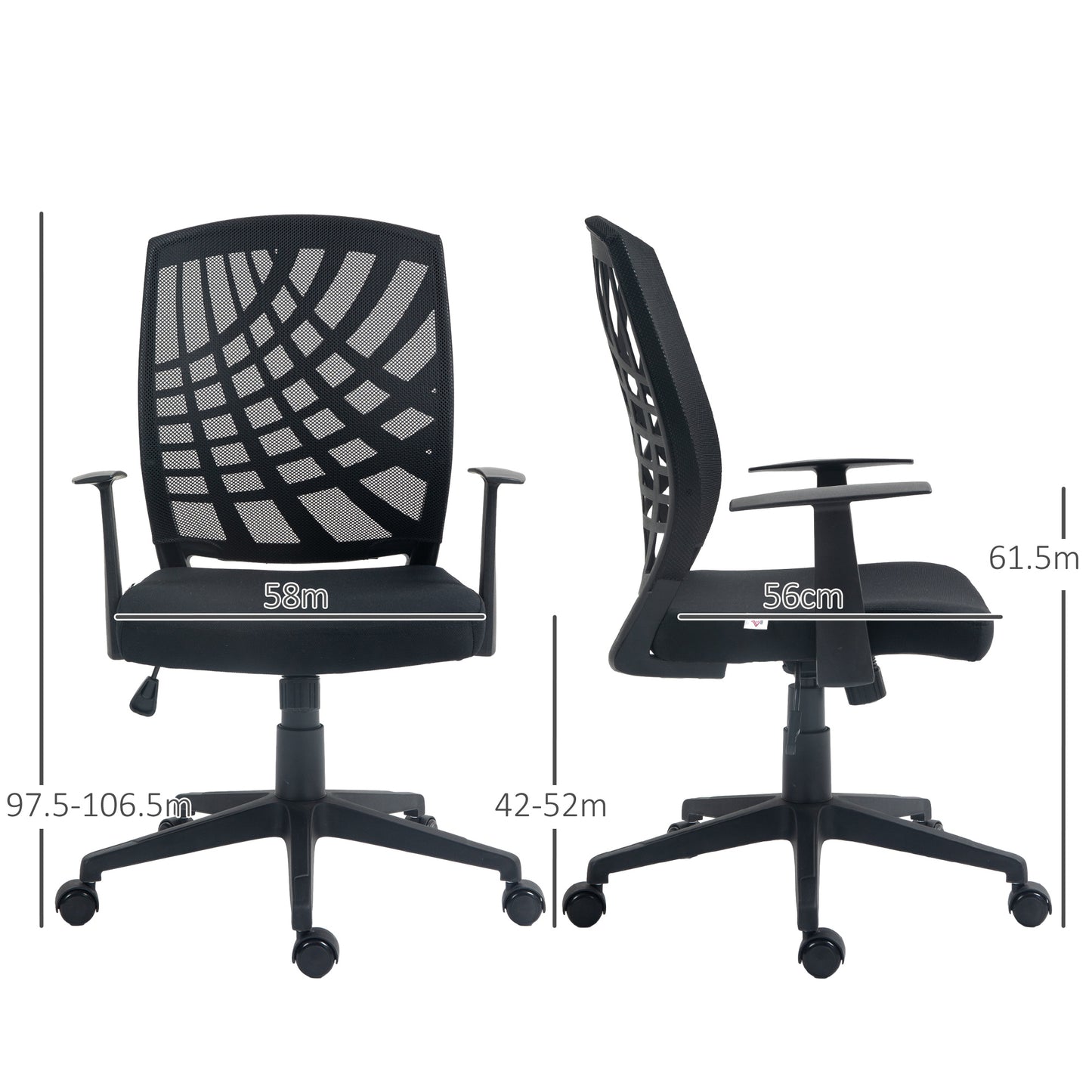 HOMCOM Ergonomic Office Chair Height Adjustable Mesh Chair Desk Chair with Swivel Wheels for Home Office Black