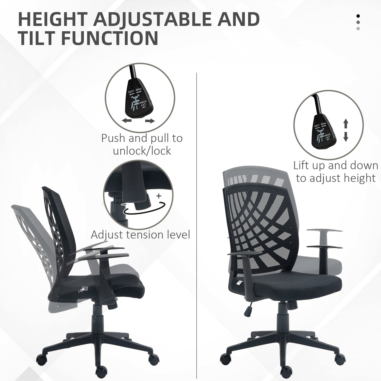 HOMCOM Ergonomic Office Chair Height Adjustable Mesh Chair Desk Chair with Swivel Wheels for Home Office Black