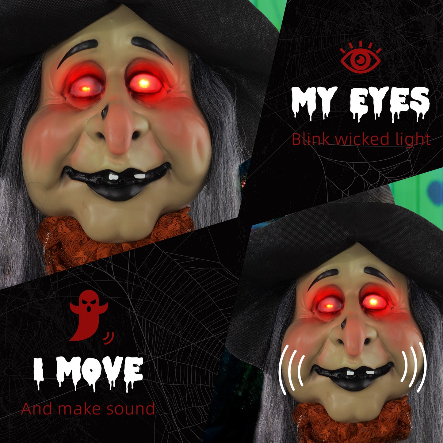 HOMCOM 183 cm Life Size Fat-Faced Witch Halloween Animatronic with Light Up Eyes and Sound Effects, Outdoor Decoration, Animated Prop - Black