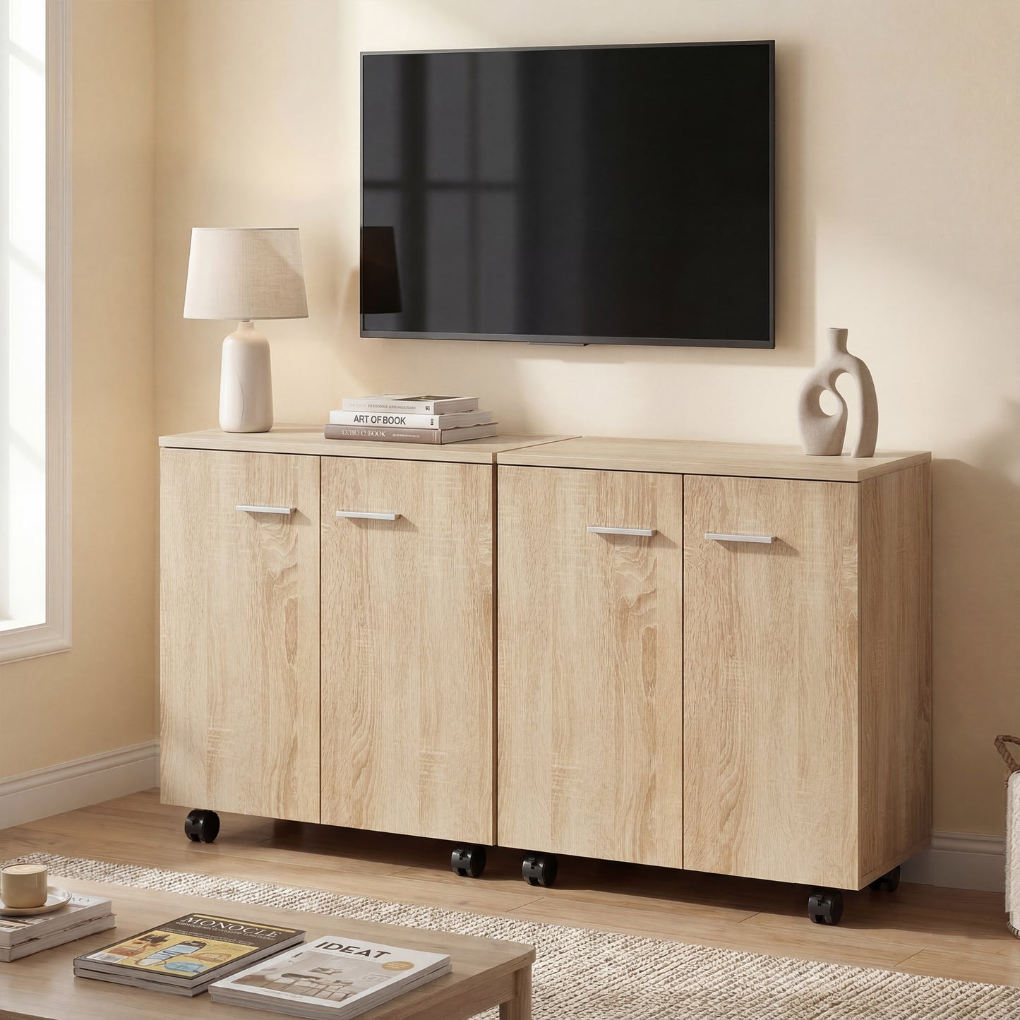 HOMCOM Mobile Sideboard Cabinet with 2 Doors and Internal Shelves for Living Room, Bedroom, 60L x 35W x 65H cm, Natural Wood